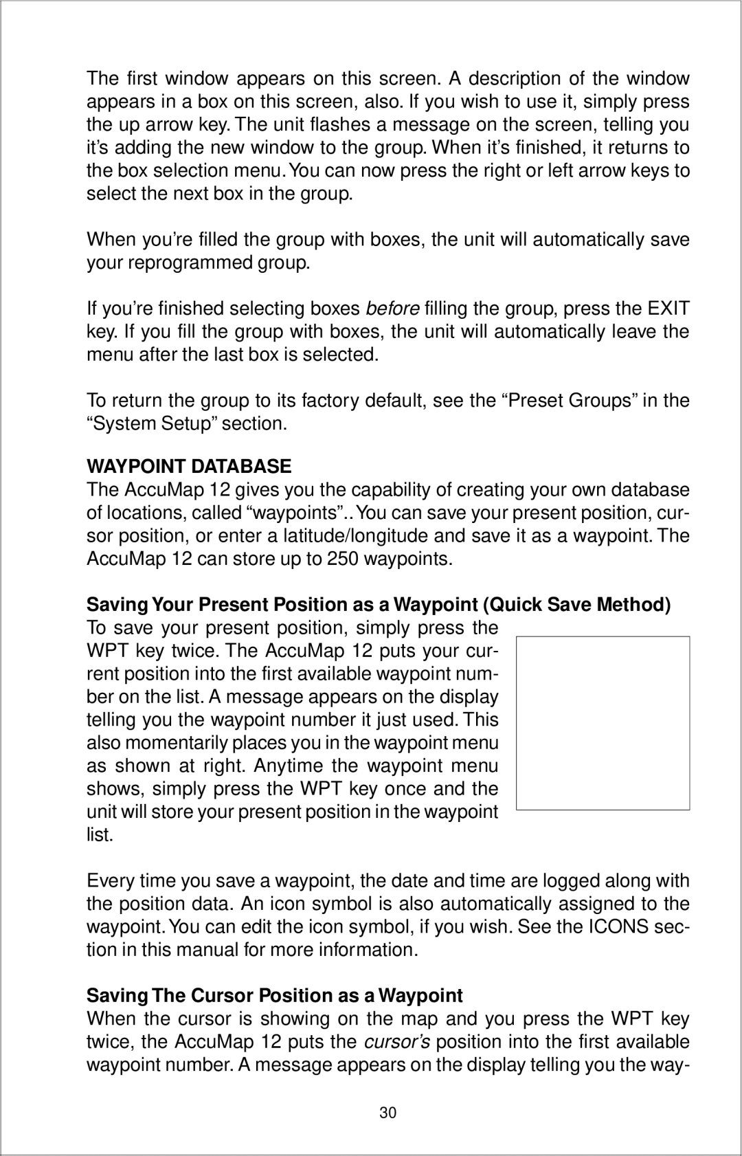 Eagle Electronics 12 manual Waypoint Database, Saving The Cursor Position as a Waypoint 