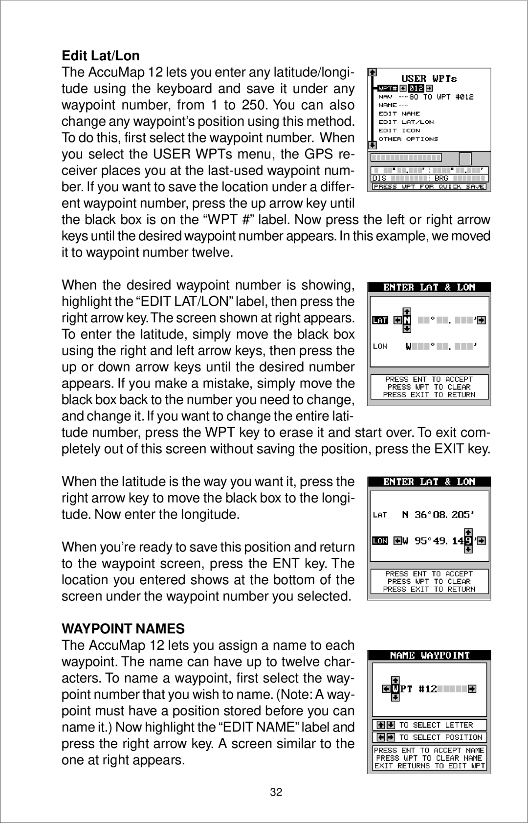 Eagle Electronics 12 manual Edit Lat/Lon, Waypoint Names 