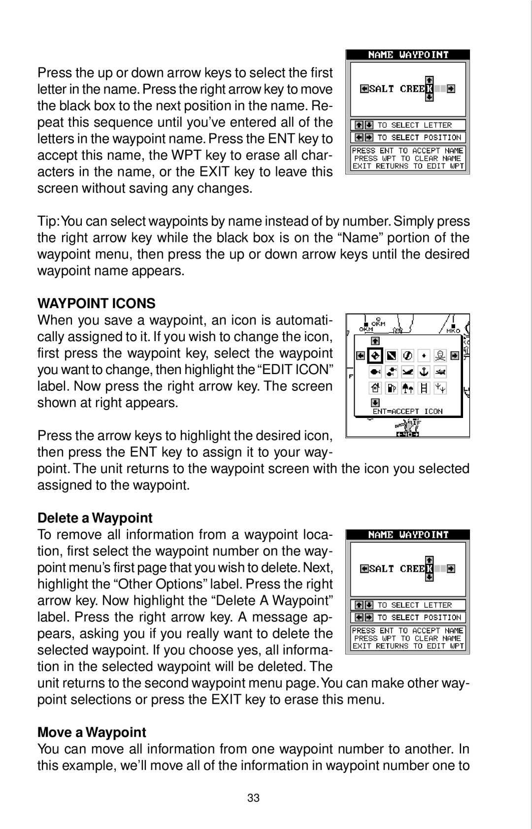 Eagle Electronics 12 manual Waypoint Icons, Delete a Waypoint, Move a Waypoint 