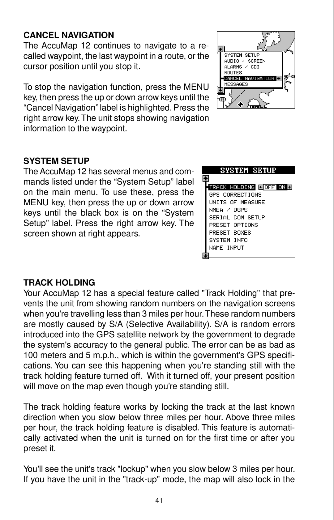 Eagle Electronics 12 manual Cancel Navigation, System Setup, Track Holding 