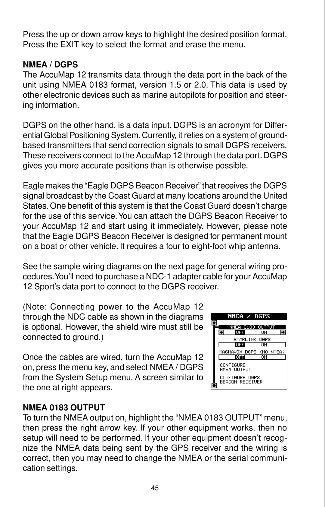Eagle Electronics 12 manual Nmea / Dgps, Nmea 0183 Output 