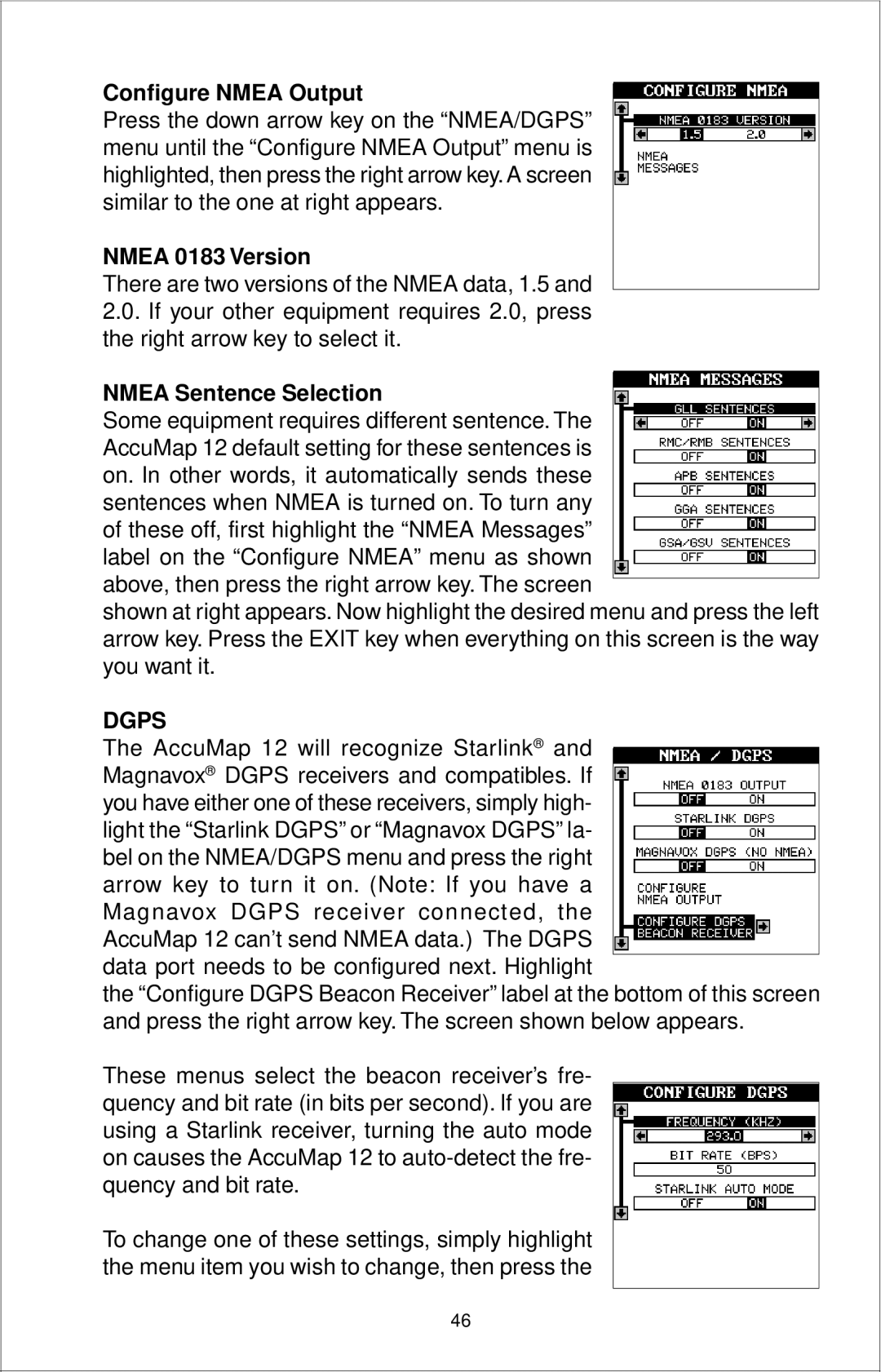 Eagle Electronics 12 manual Configure Nmea Output, Nmea 0183 Version, Nmea Sentence Selection, Dgps 