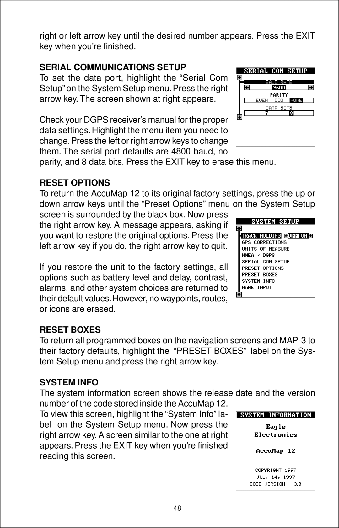 Eagle Electronics 12 manual Serial Communications Setup, Reset Options, Reset Boxes, System Info 