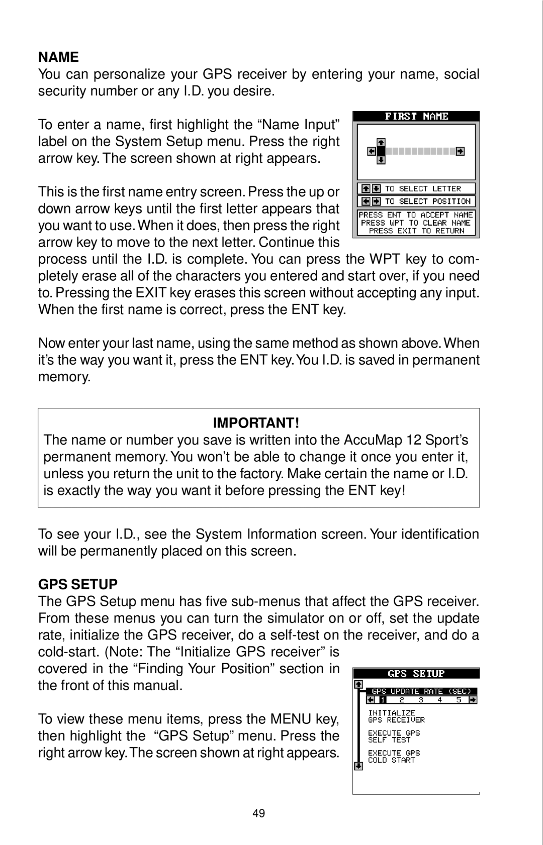 Eagle Electronics 12 manual Name, GPS Setup 