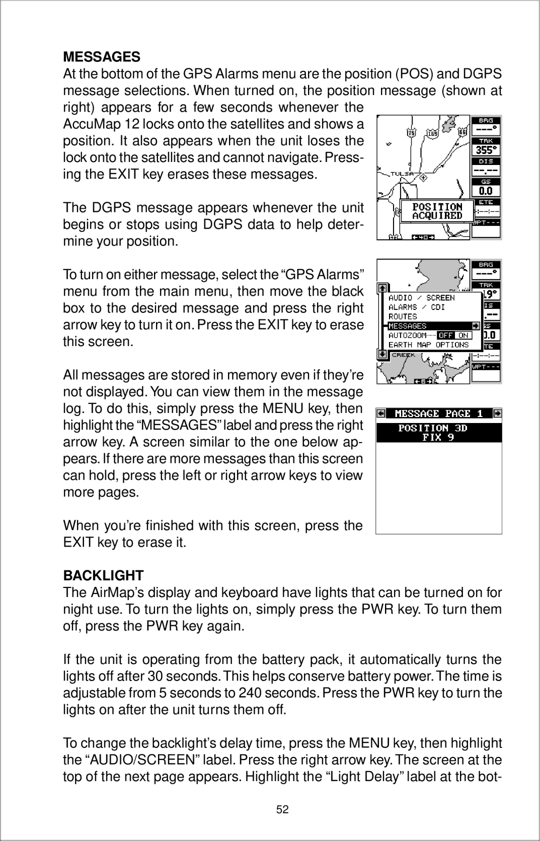 Eagle Electronics 12 manual Messages, Backlight 