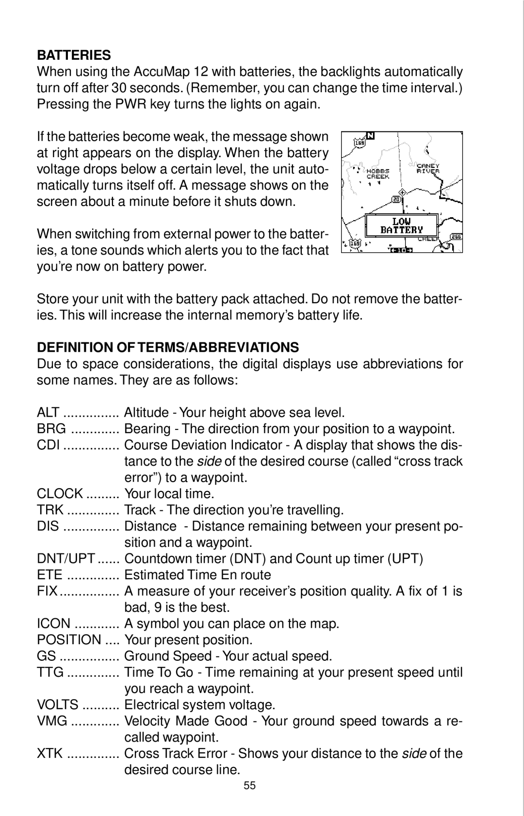 Eagle Electronics 12 manual Batteries, Definition of TERMS/ABBREVIATIONS 