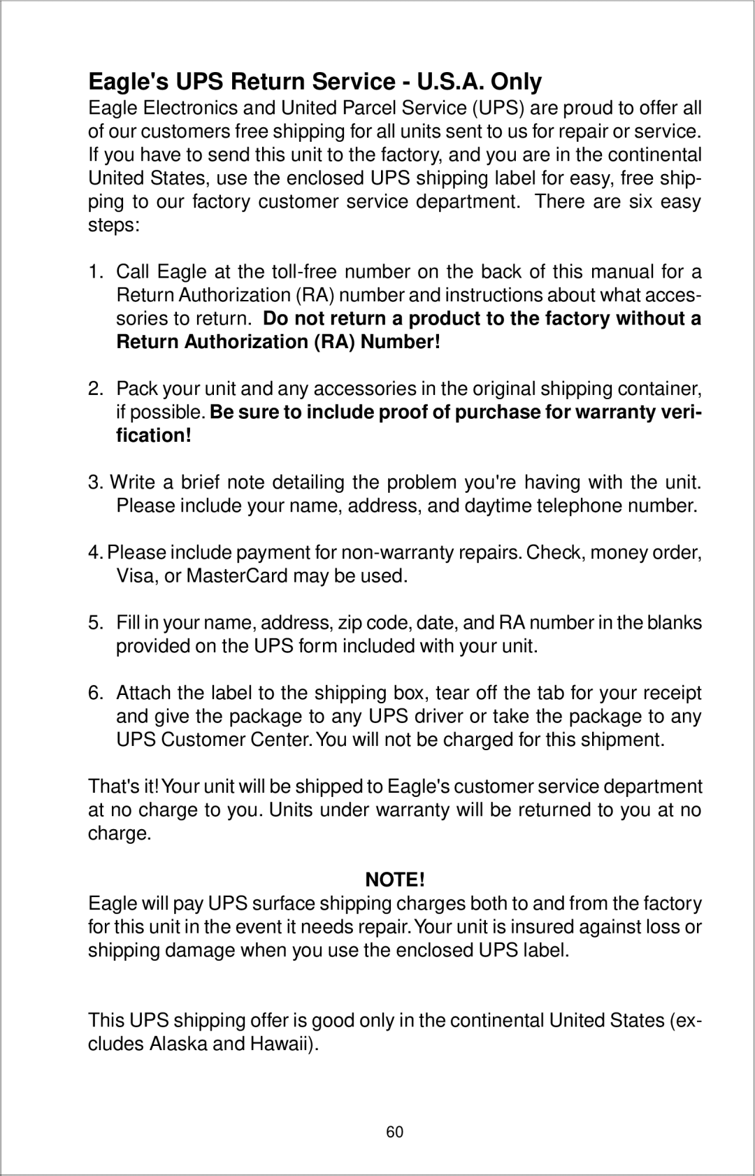 Eagle Electronics 12 manual Eagles UPS Return Service U.S.A. Only, Return Authorization RA Number 