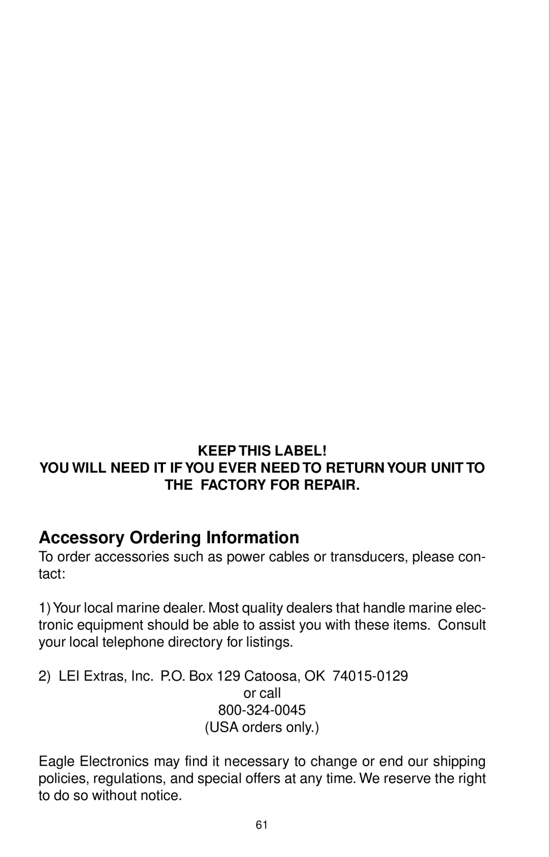 Eagle Electronics 12 manual Accessory Ordering Information 