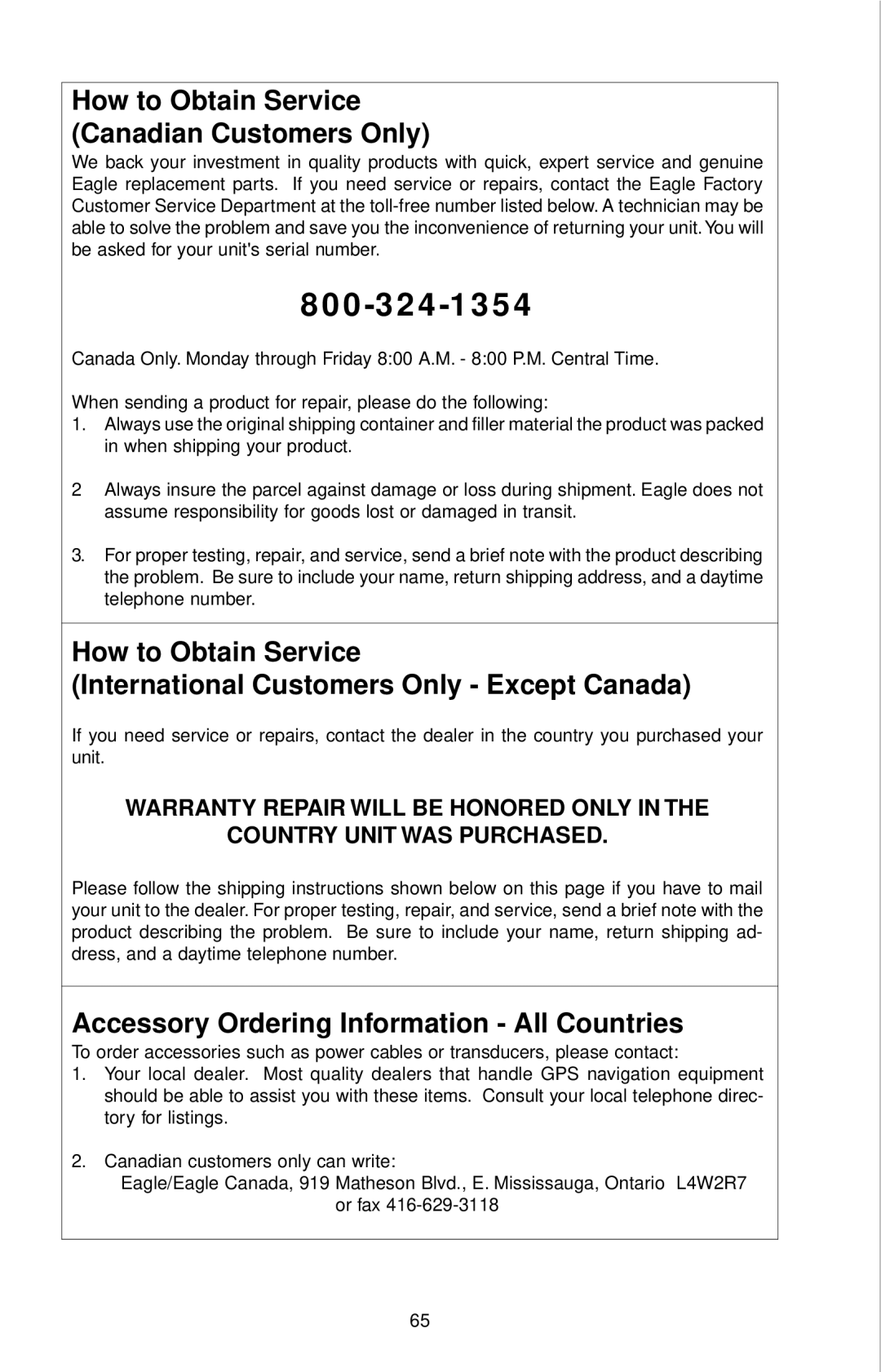 Eagle Electronics 12 manual How to Obtain Service Canadian Customers Only 