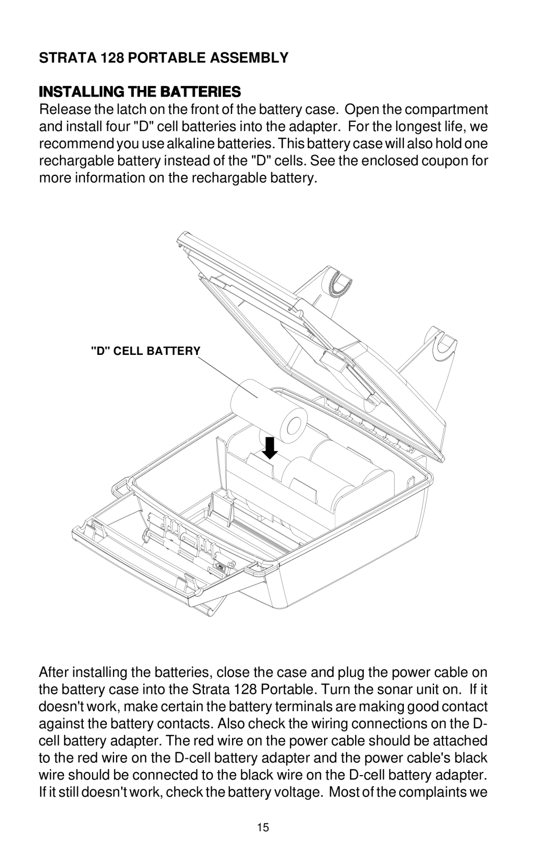 Eagle Electronics manual Strata 128 Portable Assembly Installing the Batteries 