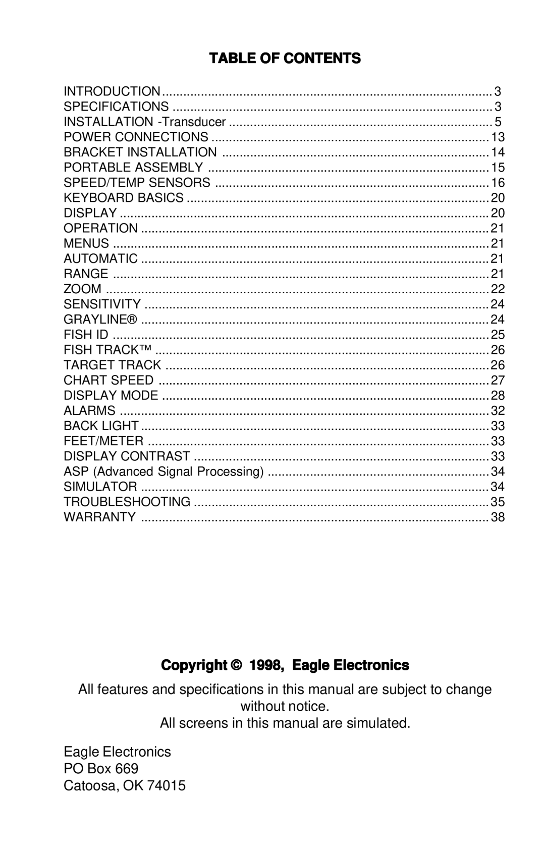 Eagle Electronics 128 manual Table of Contents 