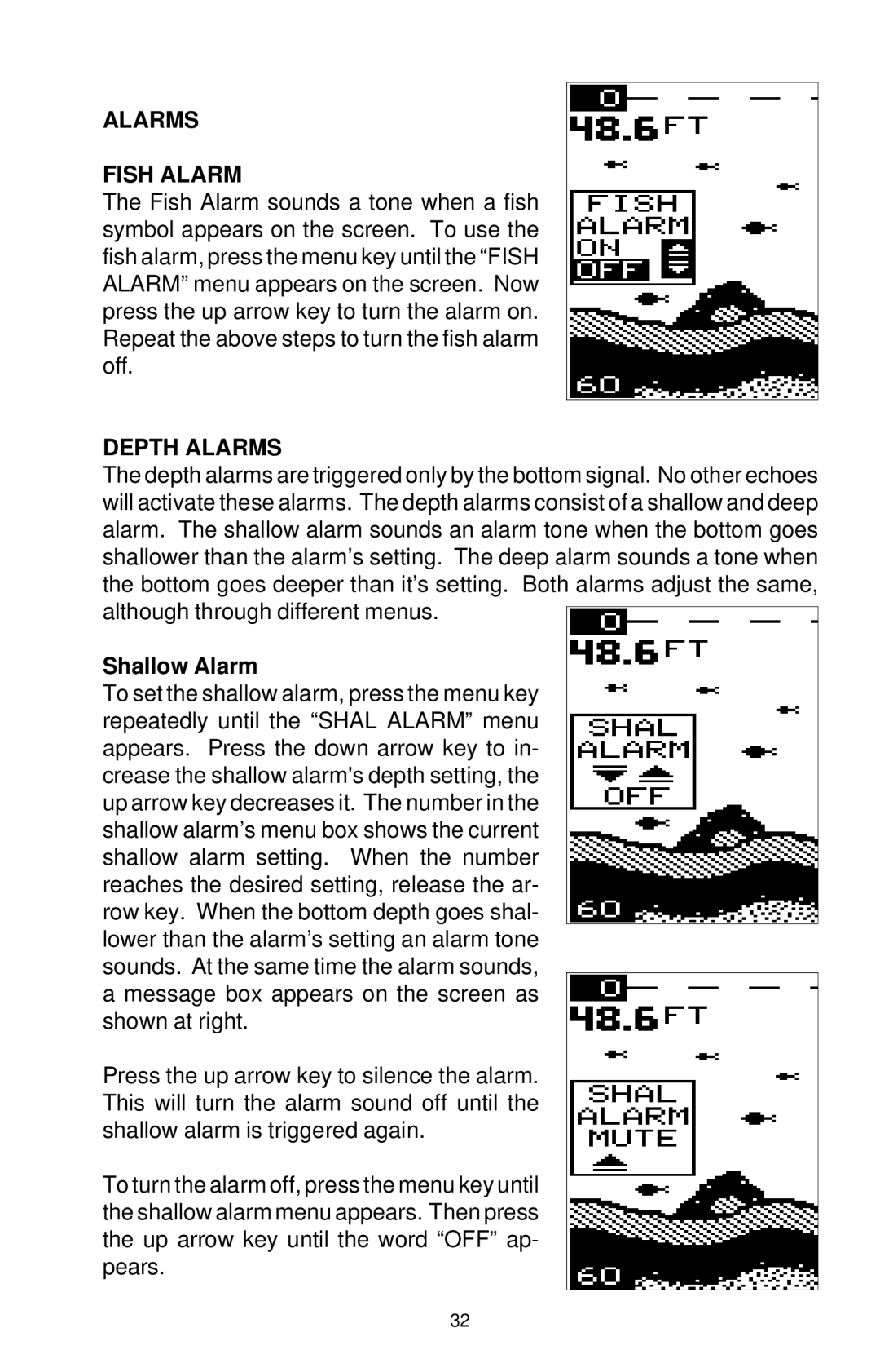 Eagle Electronics 128 manual Alarms Fish Alarm, Depth Alarms, Shallow Alarm 
