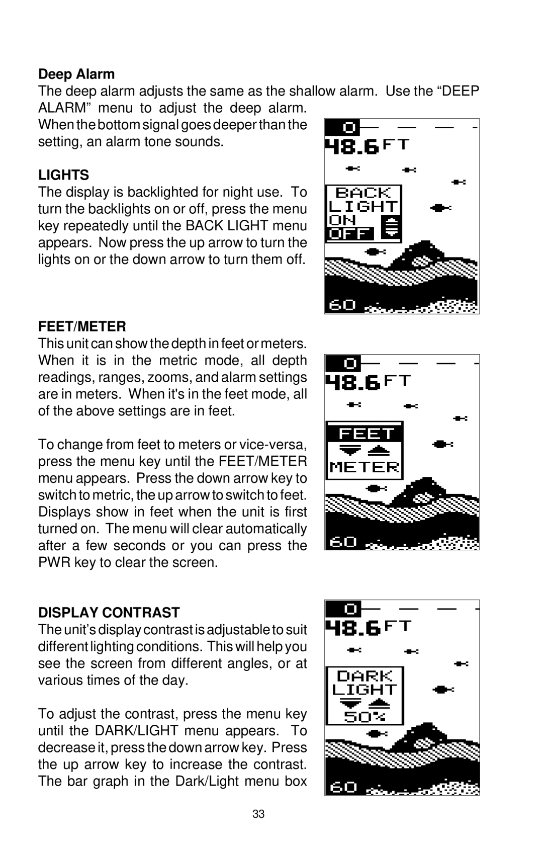 Eagle Electronics 128 manual Deep Alarm, Lights, Feet/Meter, Display Contrast 