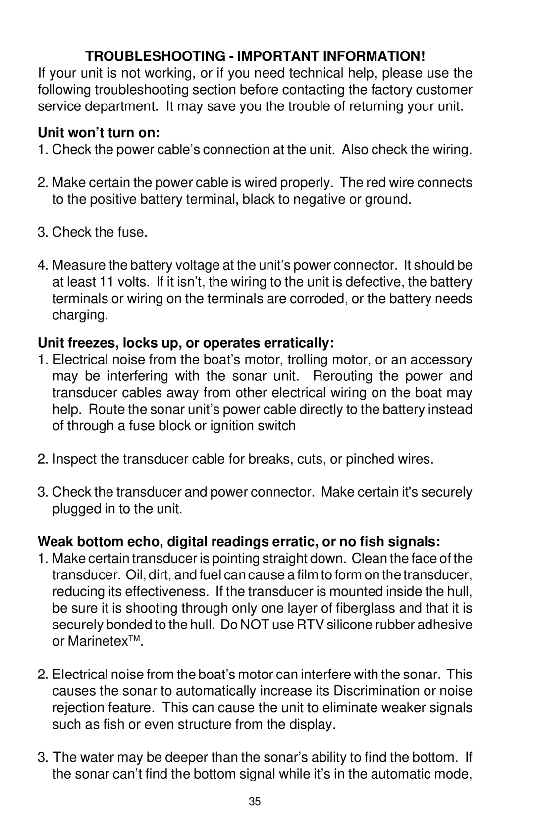 Eagle Electronics 128 manual Troubleshooting Important Information, Unit won’t turn on 