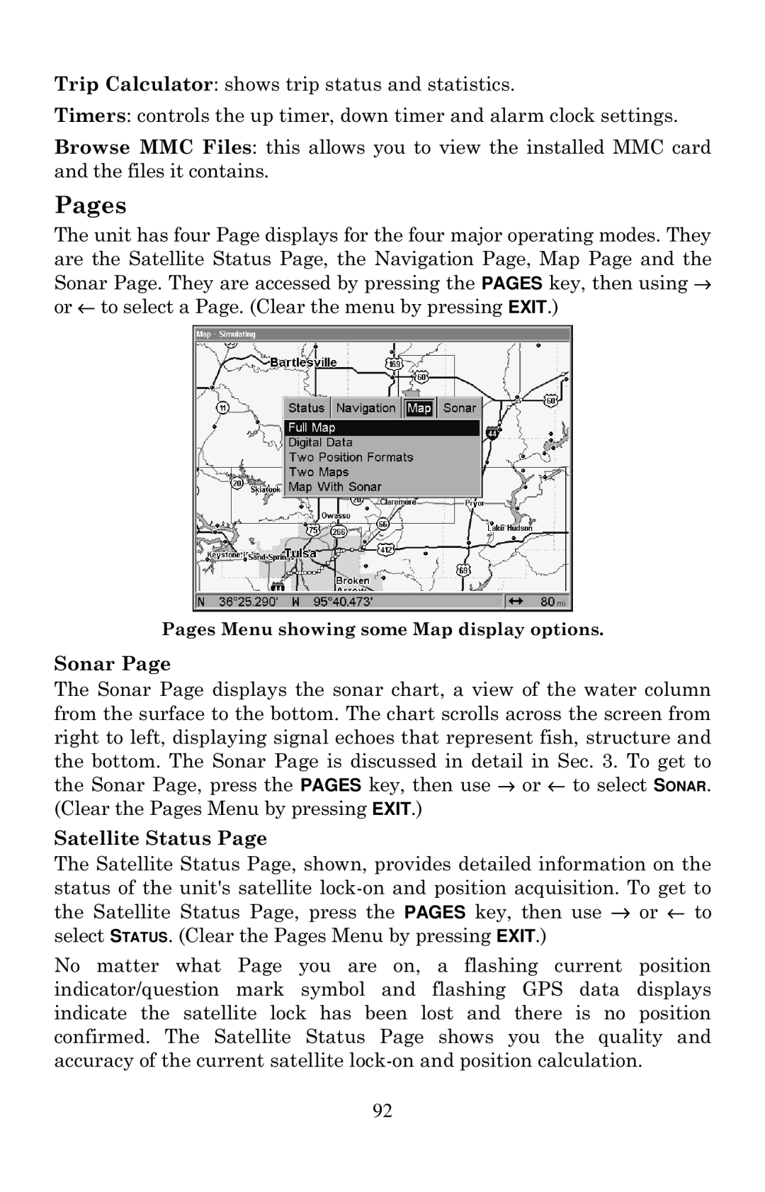 Eagle Electronics 2000 manual Pages Menu showing some Map display options 