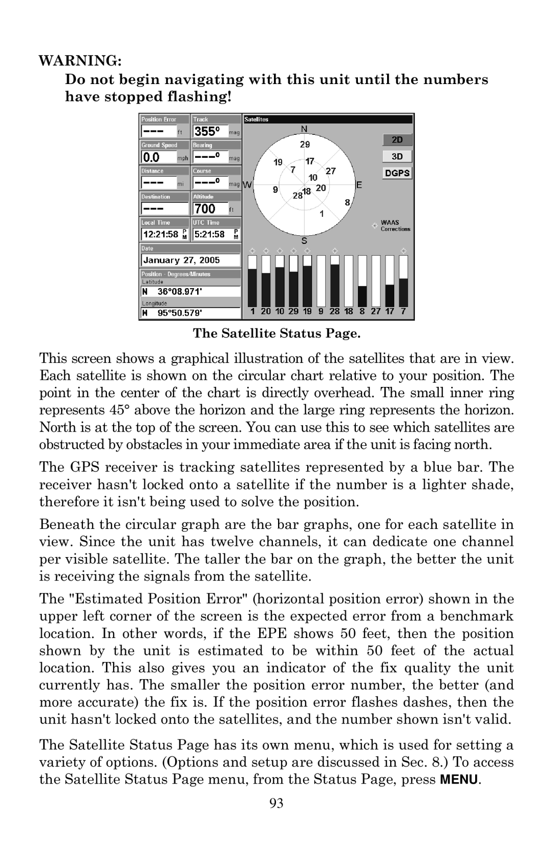 Eagle Electronics 2000 manual Satellite Status 