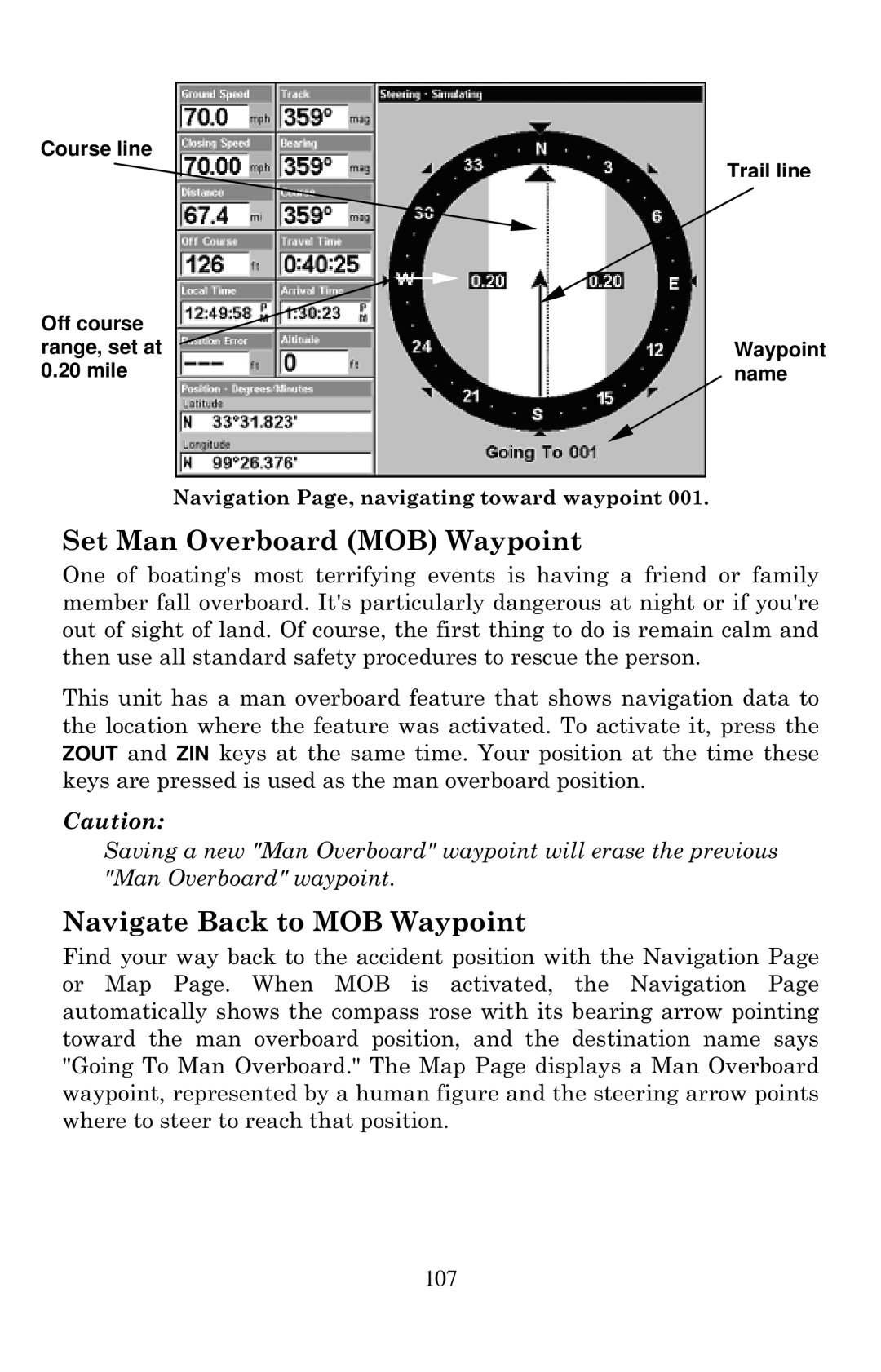 Eagle Electronics 2000 manual Set Man Overboard MOB Waypoint, Navigate Back to MOB Waypoint 