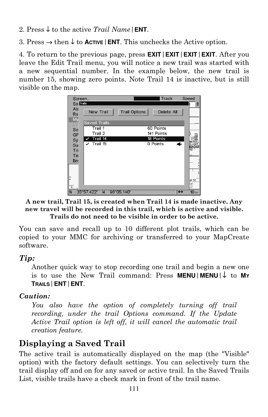 Eagle Electronics 2000 manual Displaying a Saved Trail 