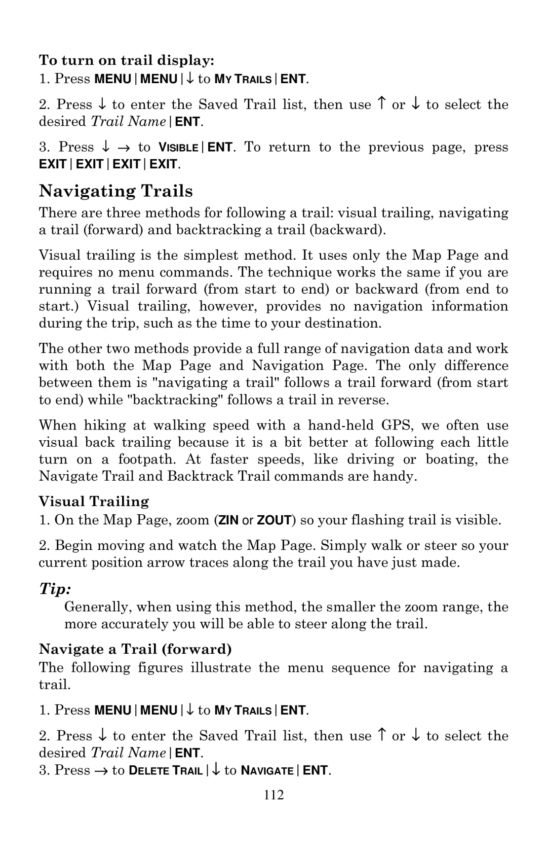 Eagle Electronics 2000 manual Navigating Trails, To turn on trail display, Visual Trailing, Navigate a Trail forward 