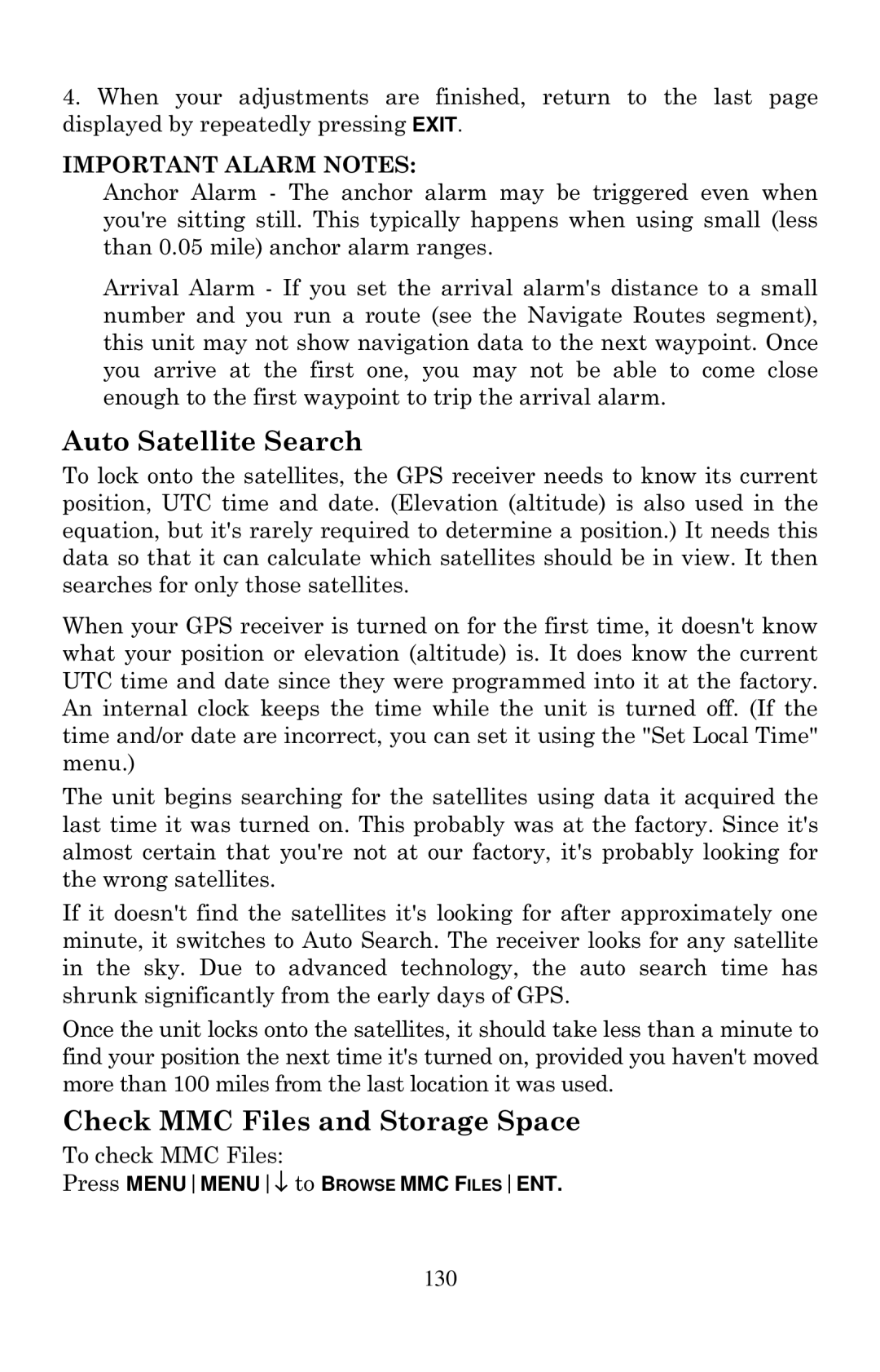 Eagle Electronics 2000 manual Auto Satellite Search, Check MMC Files and Storage Space 