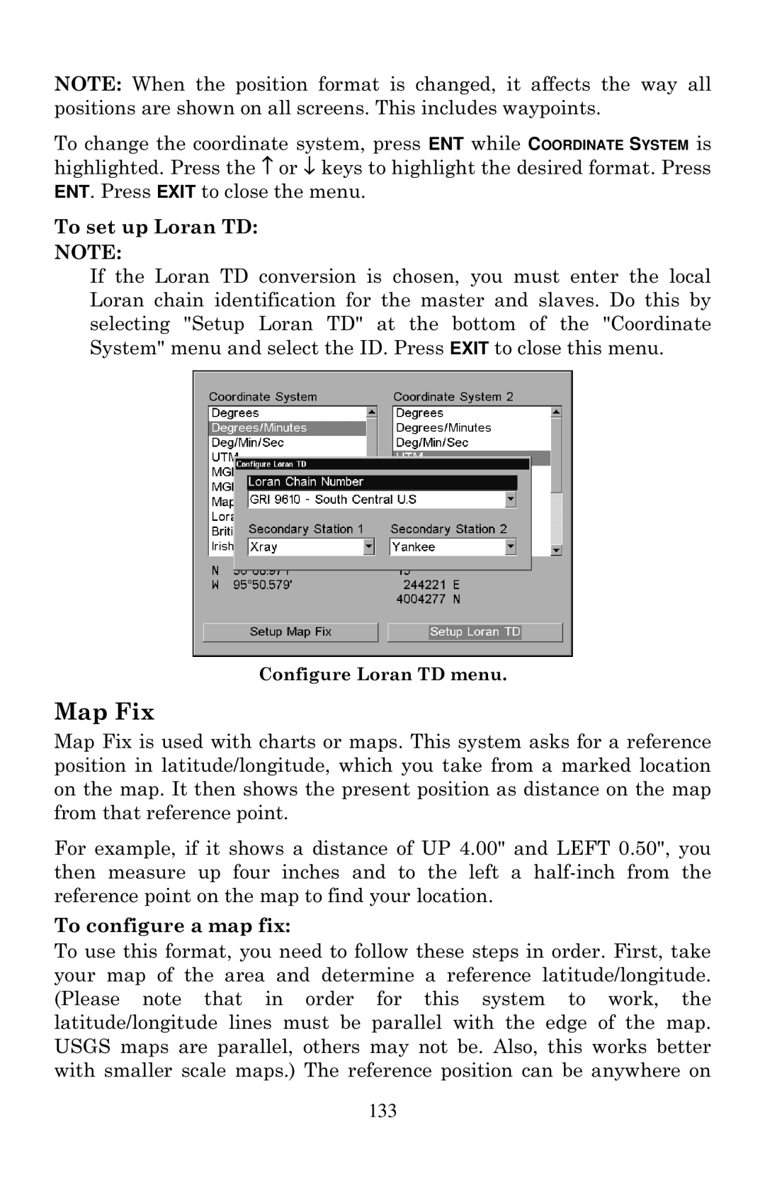 Eagle Electronics 2000 manual Map Fix, To set up Loran TD, To configure a map fix 