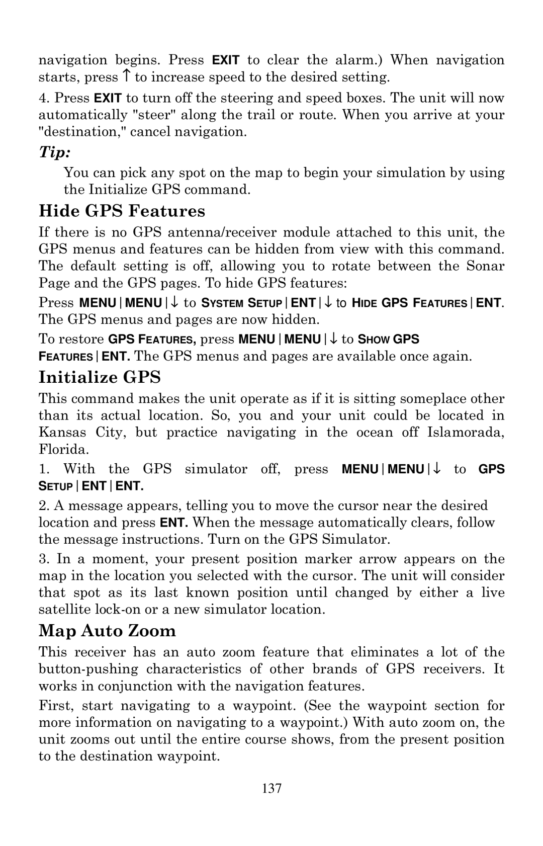 Eagle Electronics 2000 manual Hide GPS Features, Initialize GPS, Map Auto Zoom 