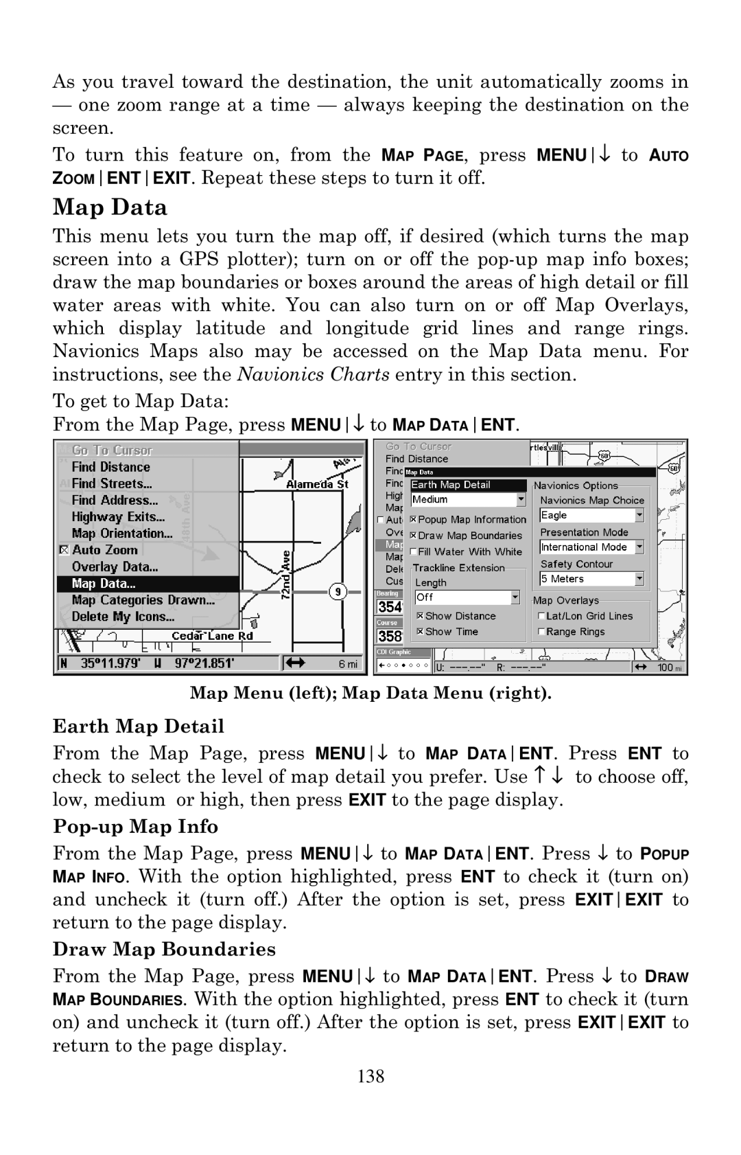 Eagle Electronics 2000 manual Map Data, Earth Map Detail, Pop-up Map Info, Draw Map Boundaries 