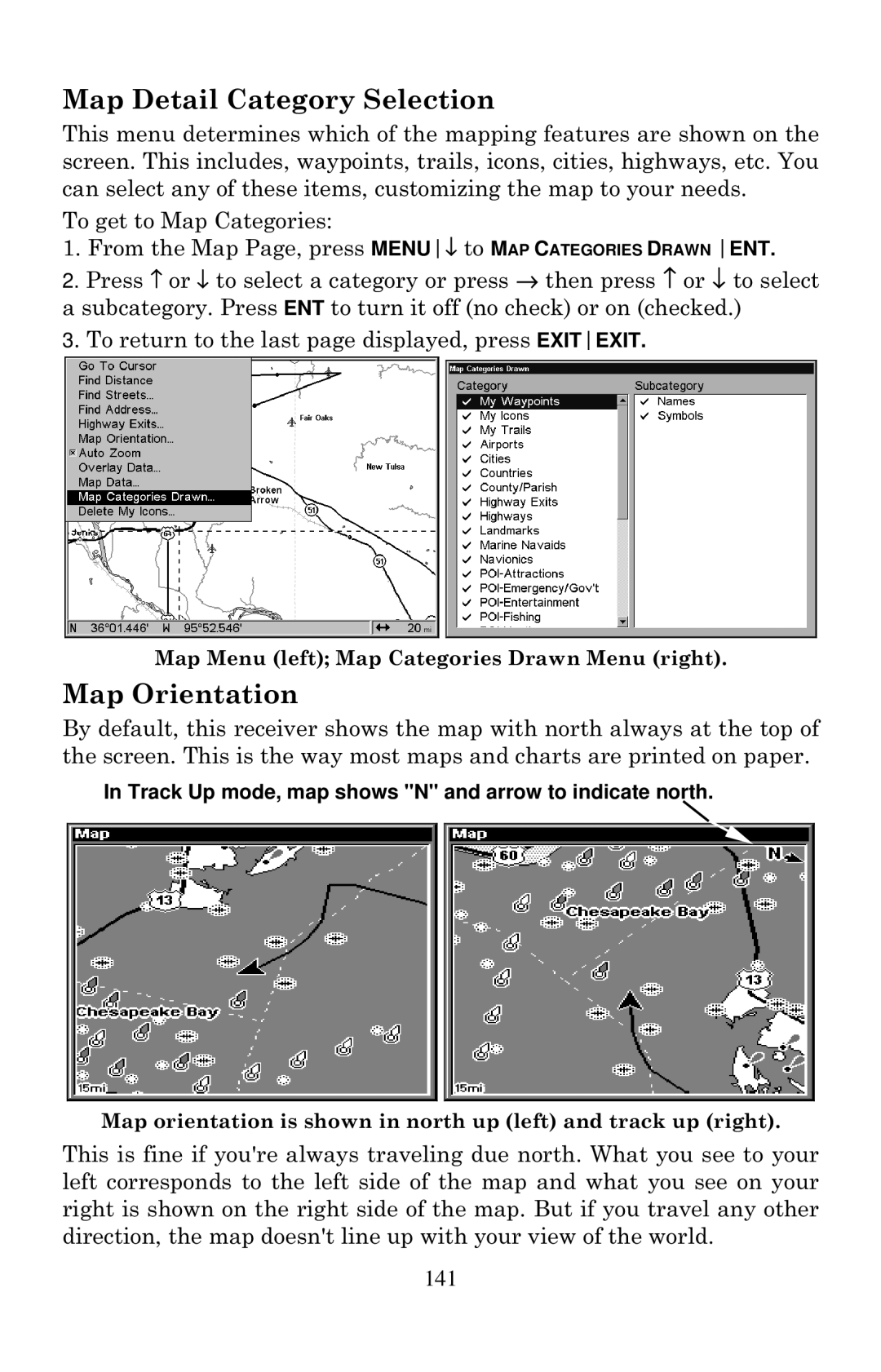 Eagle Electronics 2000 manual Map Detail Category Selection, Map Orientation 