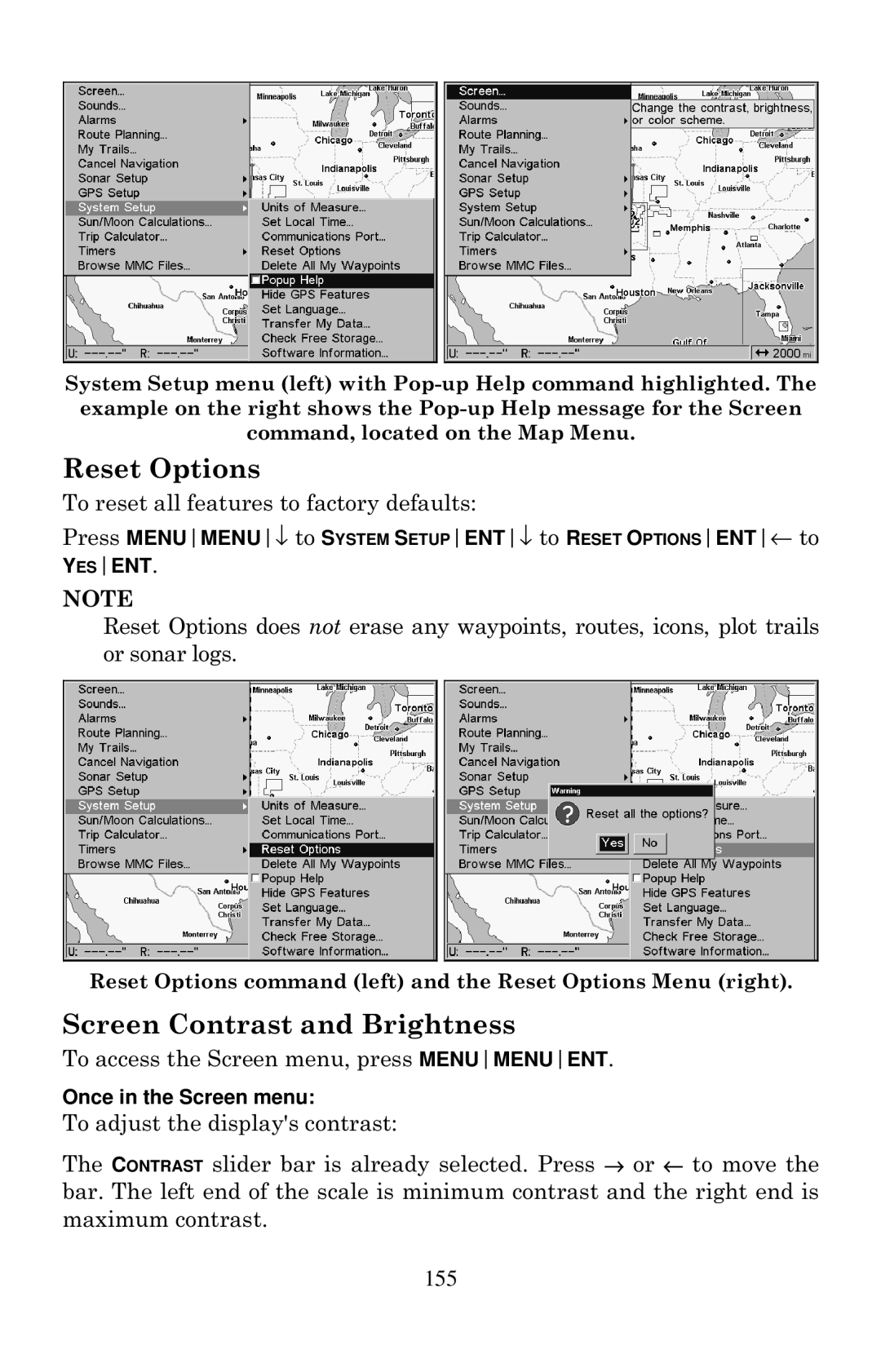 Eagle Electronics 2000 manual Reset Options, Screen Contrast and Brightness 