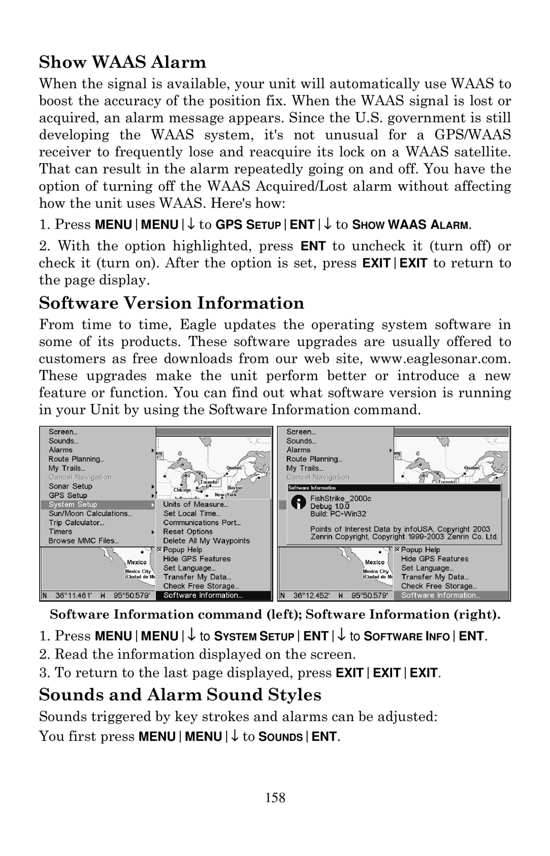 Eagle Electronics 2000 manual Show Waas Alarm, Software Version Information, Sounds and Alarm Sound Styles 