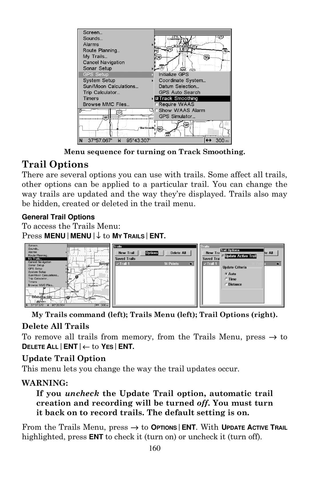 Eagle Electronics 2000 manual Trail Options, Delete All Trails, Update Trail Option 