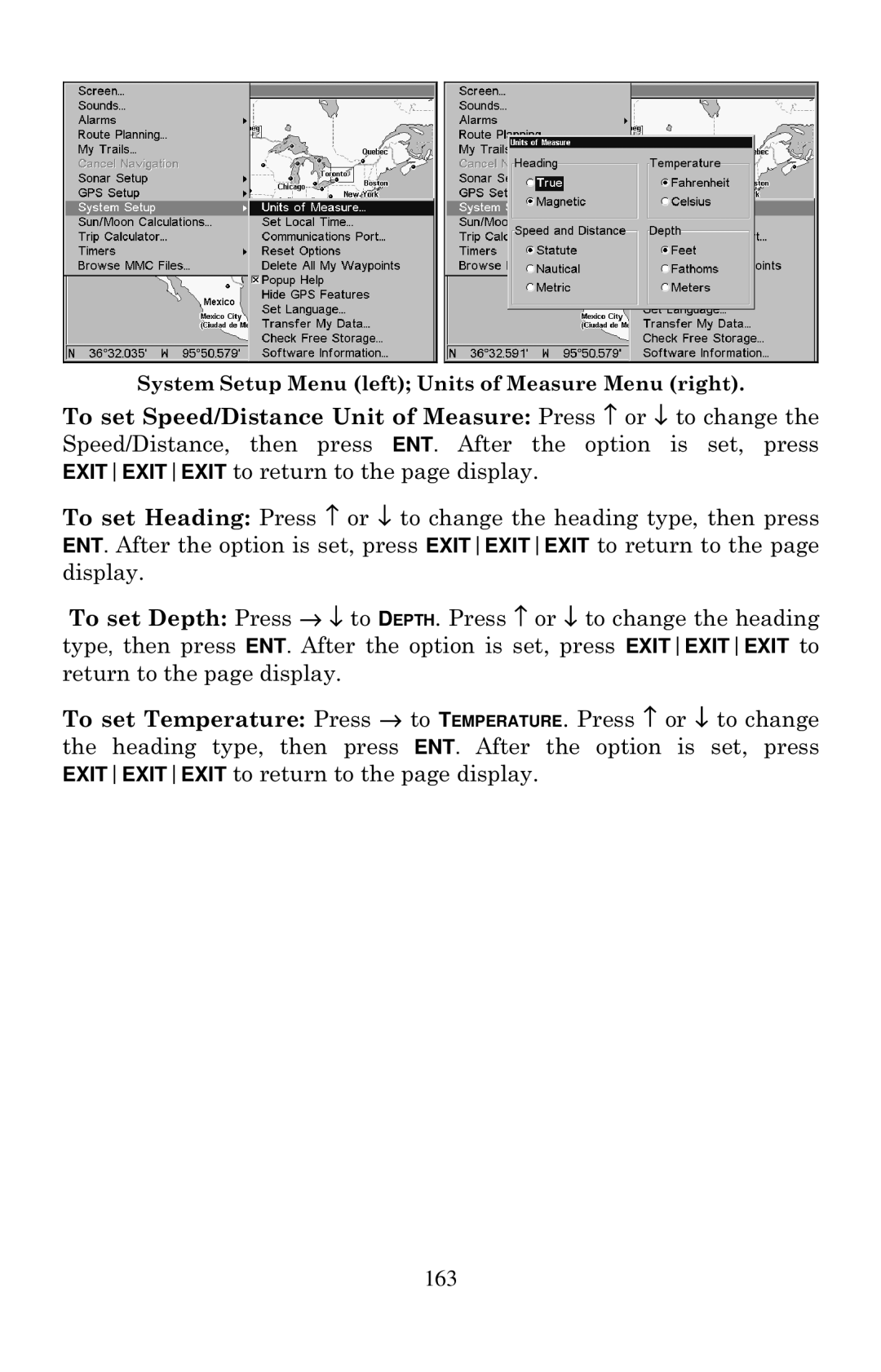 Eagle Electronics 2000 manual System Setup Menu left Units of Measure Menu right 