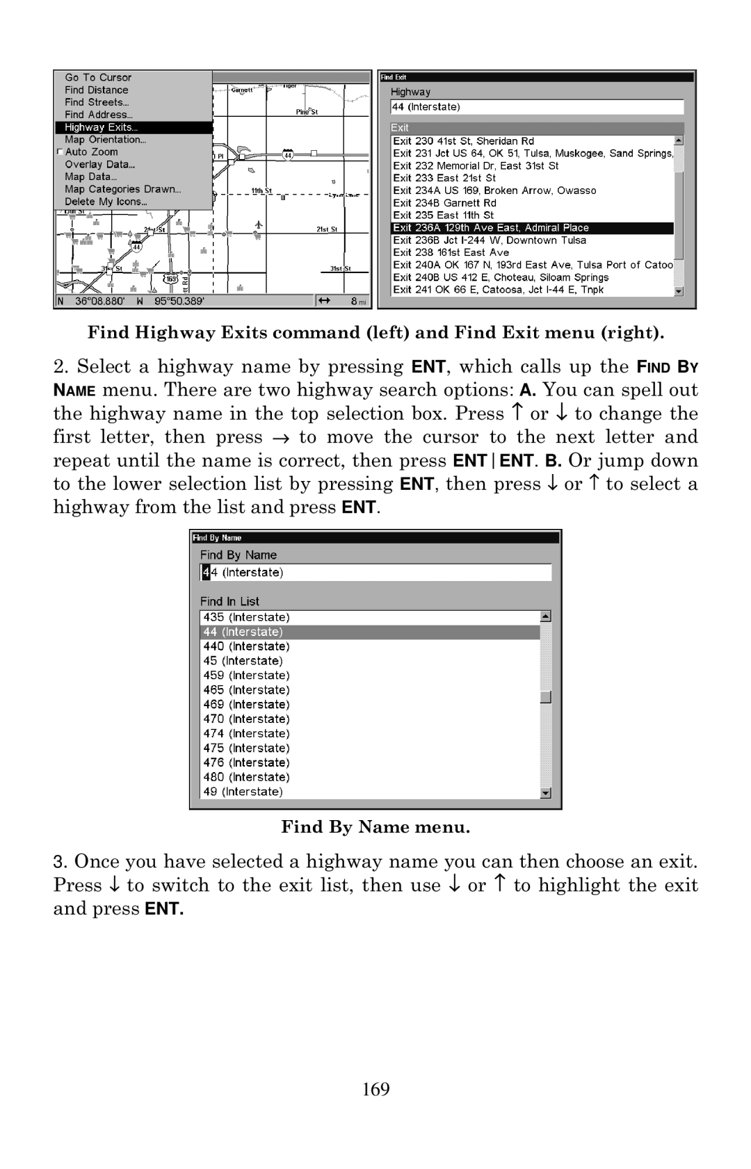 Eagle Electronics 2000 manual Find Highway Exits command left and Find Exit menu right 