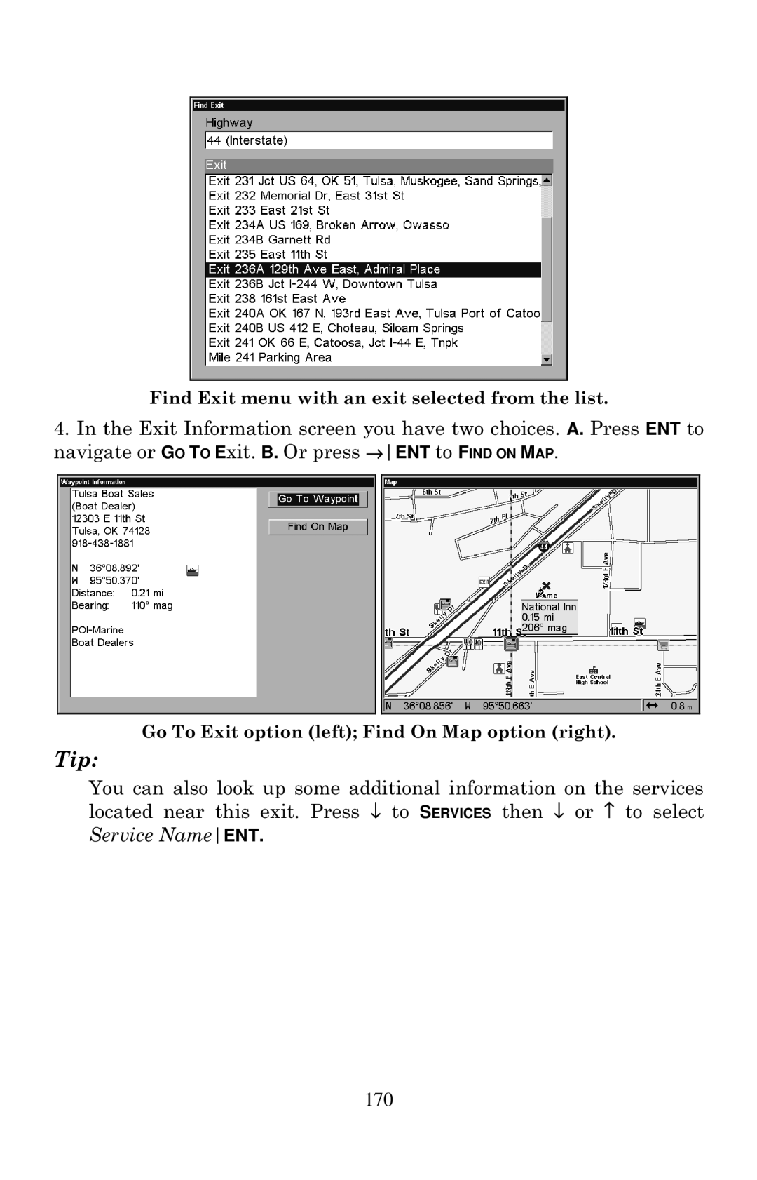 Eagle Electronics 2000 manual Find Exit menu with an exit selected from the list 