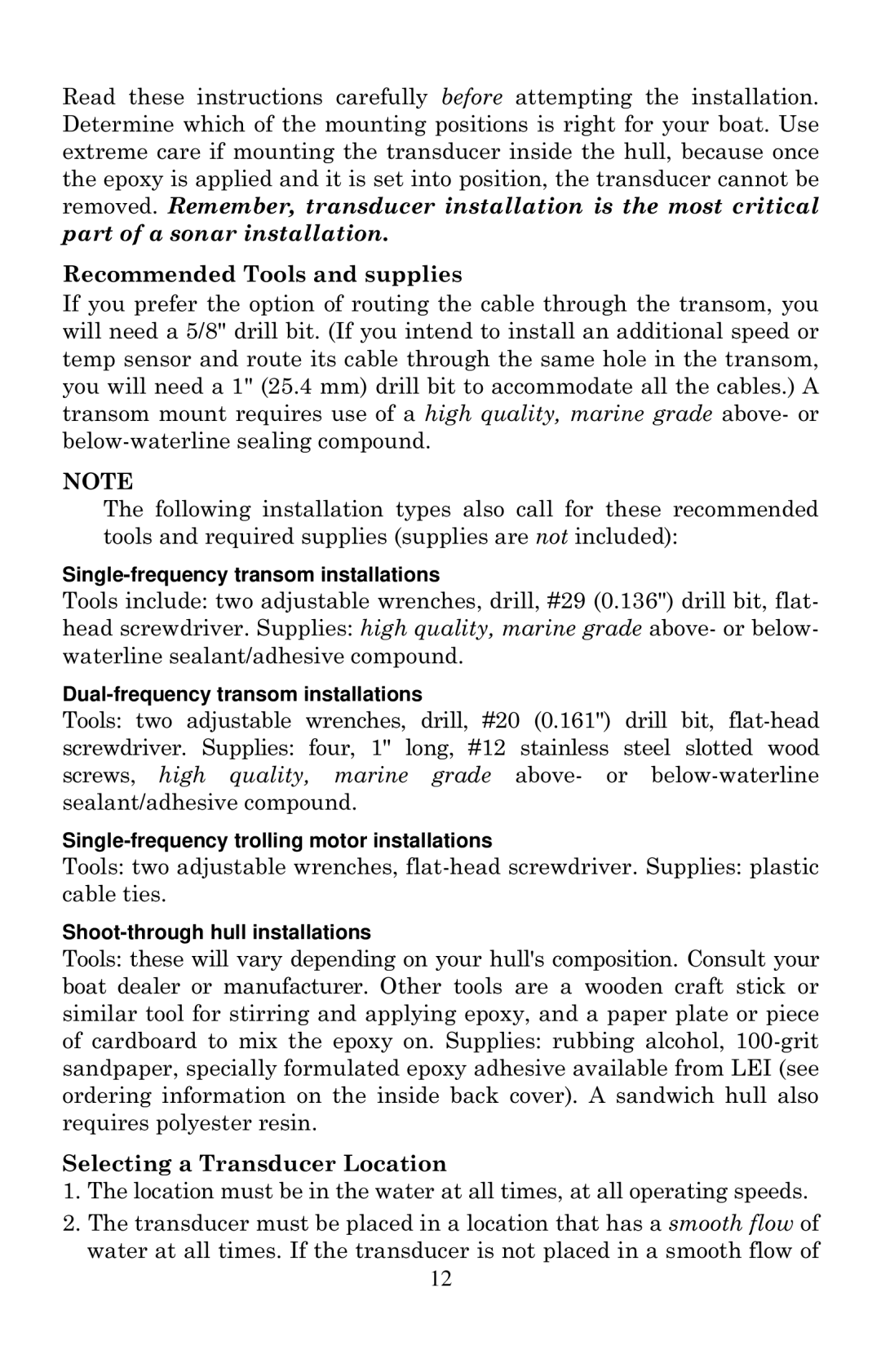 Eagle Electronics 2000 manual Recommended Tools and supplies, Selecting a Transducer Location 