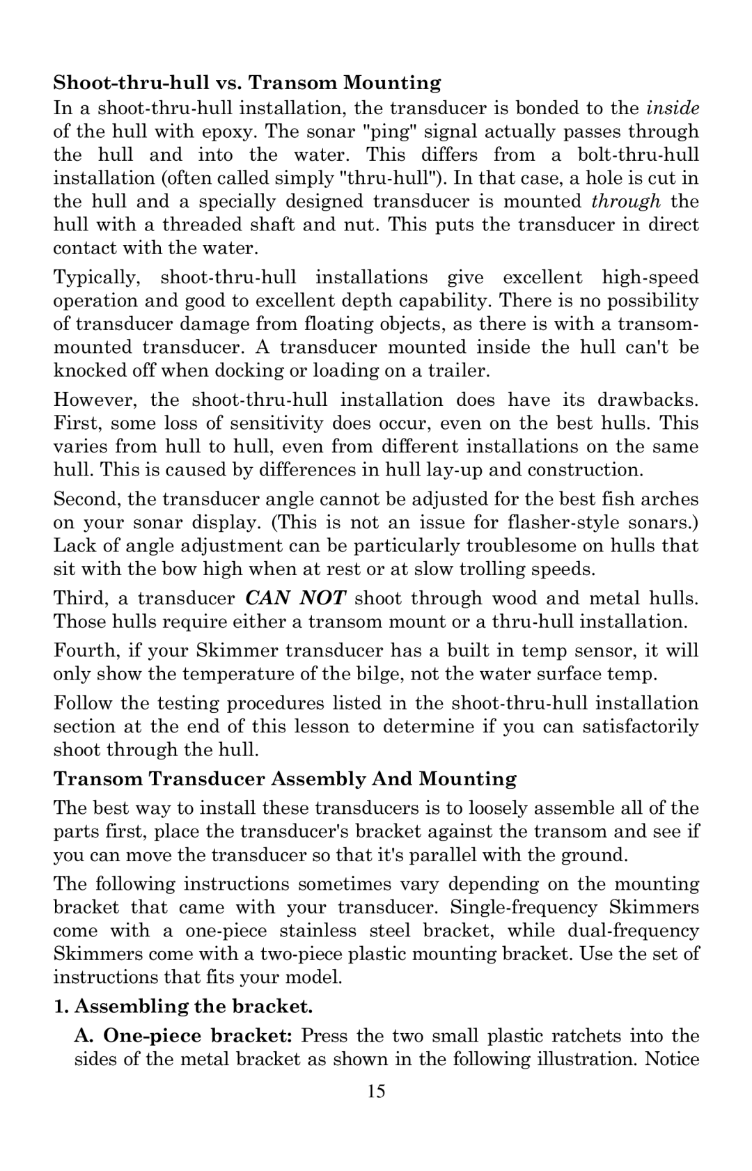 Eagle Electronics 2000 manual Shoot-thru-hull vs. Transom Mounting, Transom Transducer Assembly And Mounting 