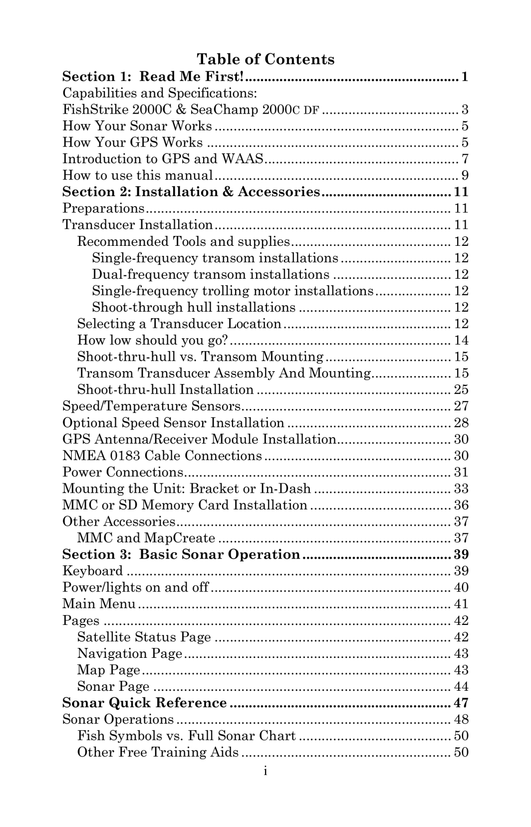 Eagle Electronics 2000 manual Table of Contents 