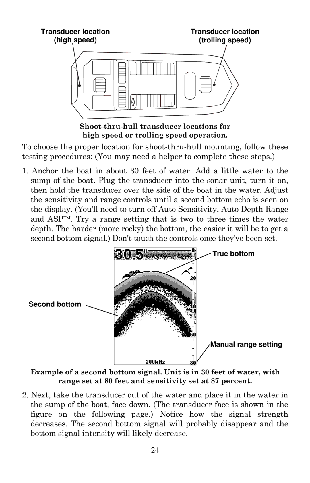 Eagle Electronics 2000 manual Transducer location High speed Trolling speed 