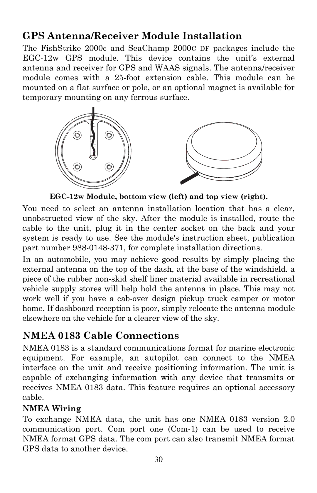 Eagle Electronics 2000 manual GPS Antenna/Receiver Module Installation, Nmea 0183 Cable Connections, Nmea Wiring 