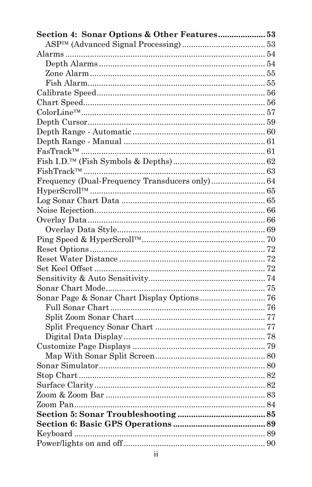 Eagle Electronics 2000 manual Sonar Options & Other Features, Sonar Troubleshooting Basic GPS Operations 