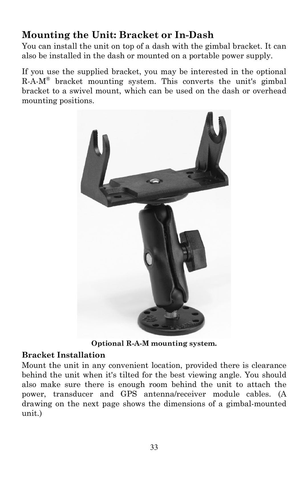 Eagle Electronics 2000 manual Mounting the Unit Bracket or In-Dash, Bracket Installation 