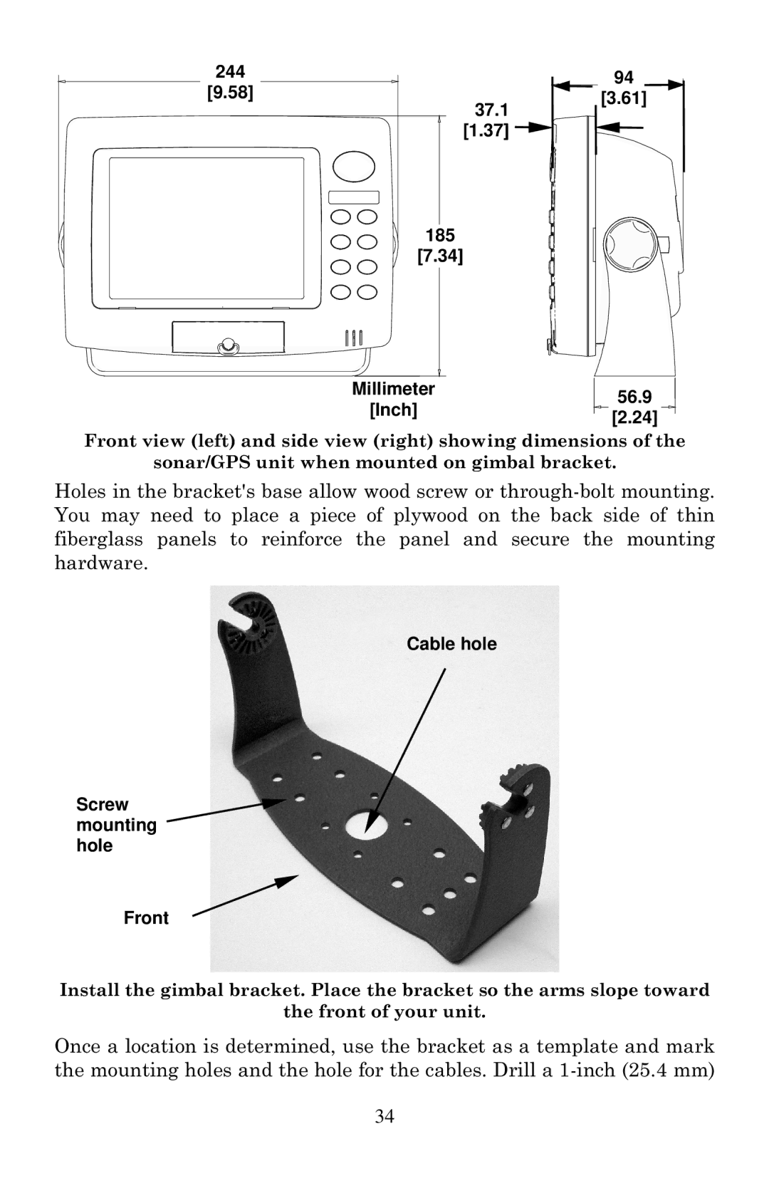 Eagle Electronics 2000 manual Cable hole Screw mounting hole Front 