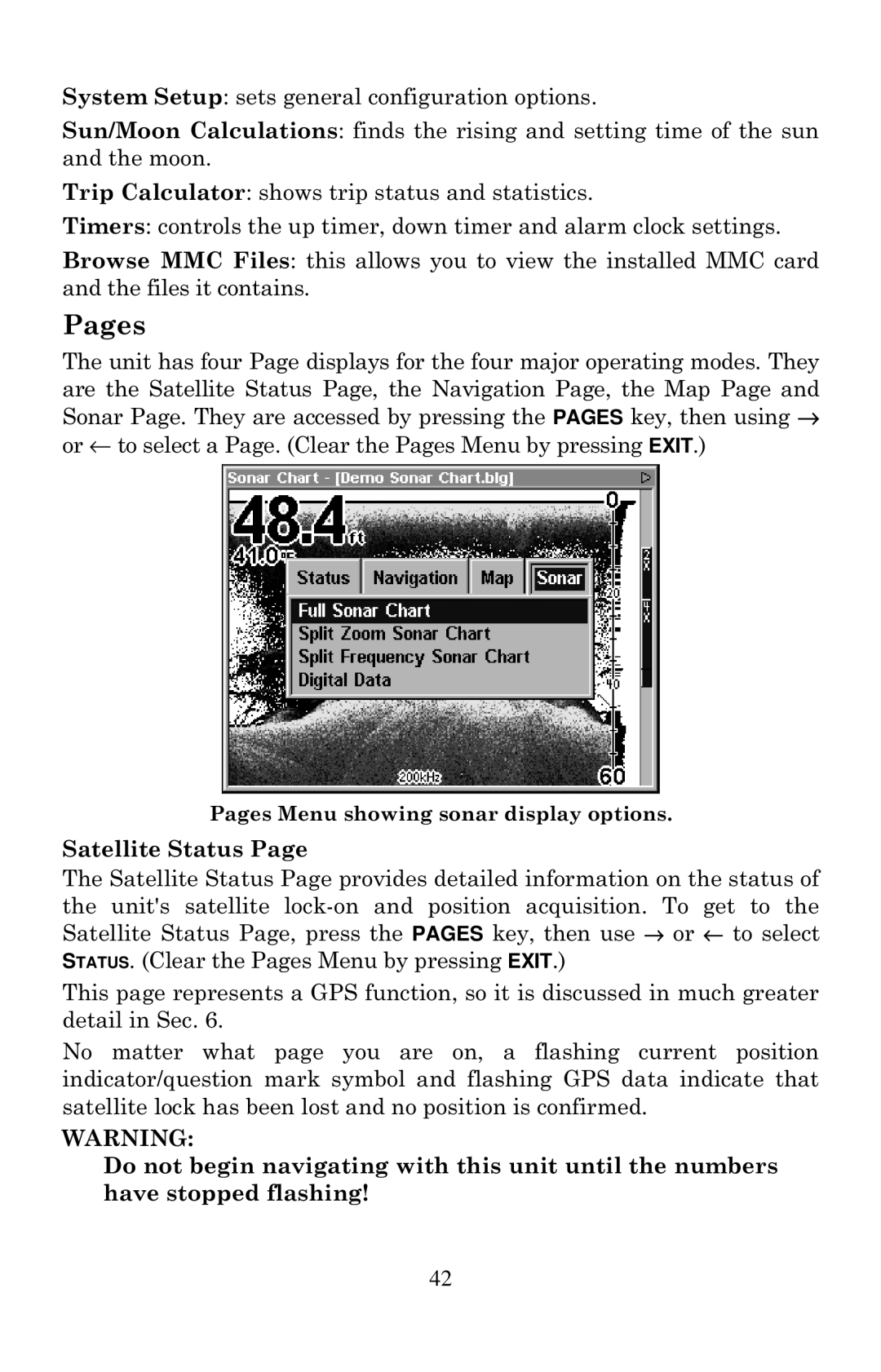 Eagle Electronics 2000 manual Pages, Satellite Status 