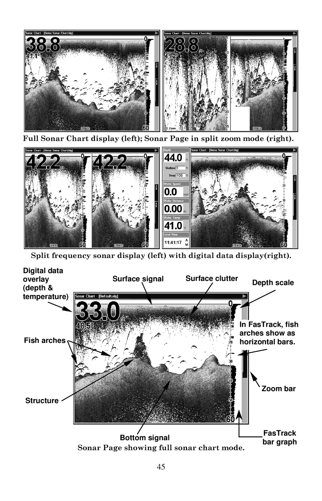 Eagle Electronics 2000 manual Sonar Page showing full sonar chart mode 