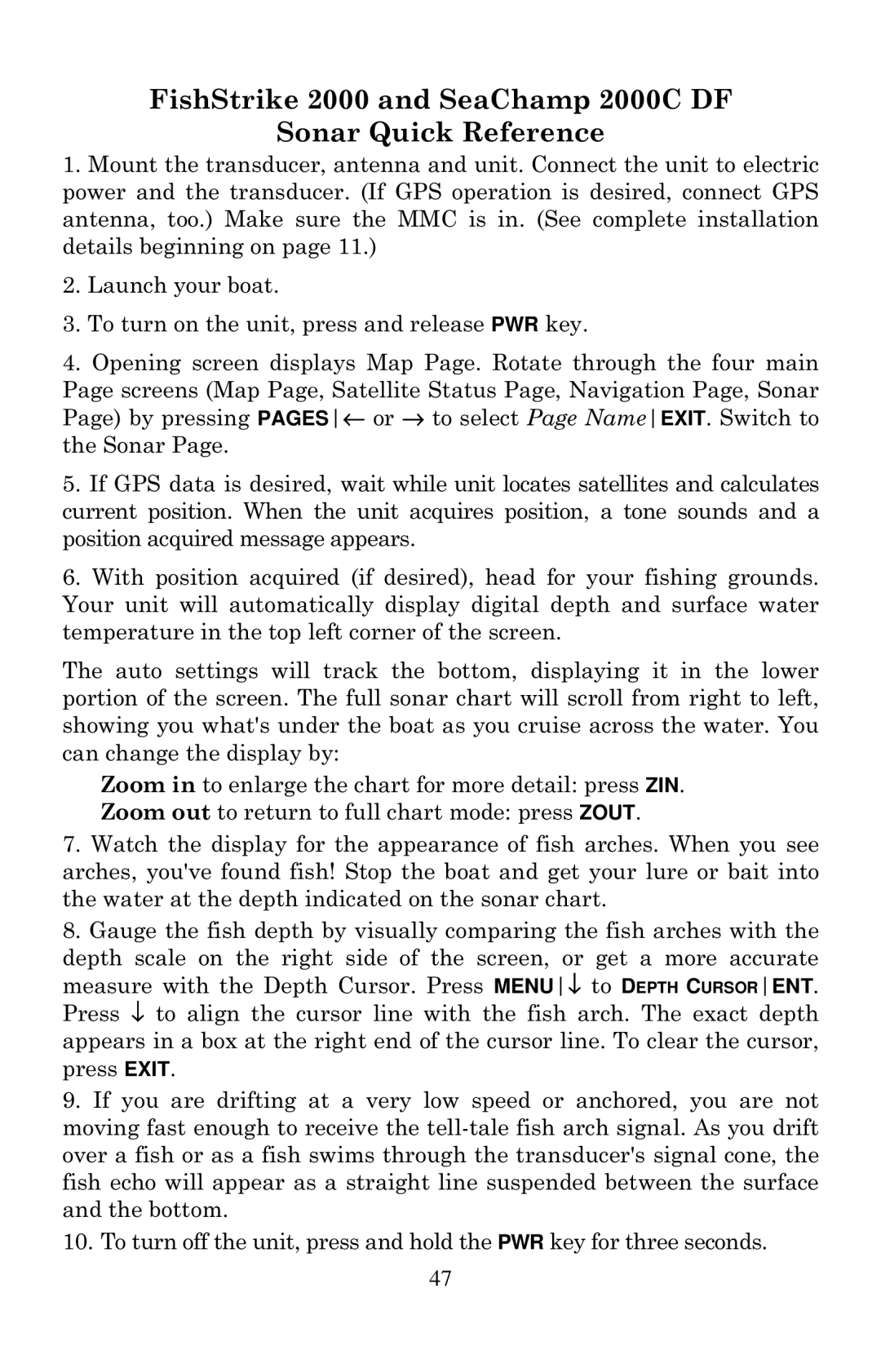 Eagle Electronics manual FishStrike 2000 and SeaChamp 2000C DF Sonar Quick Reference 