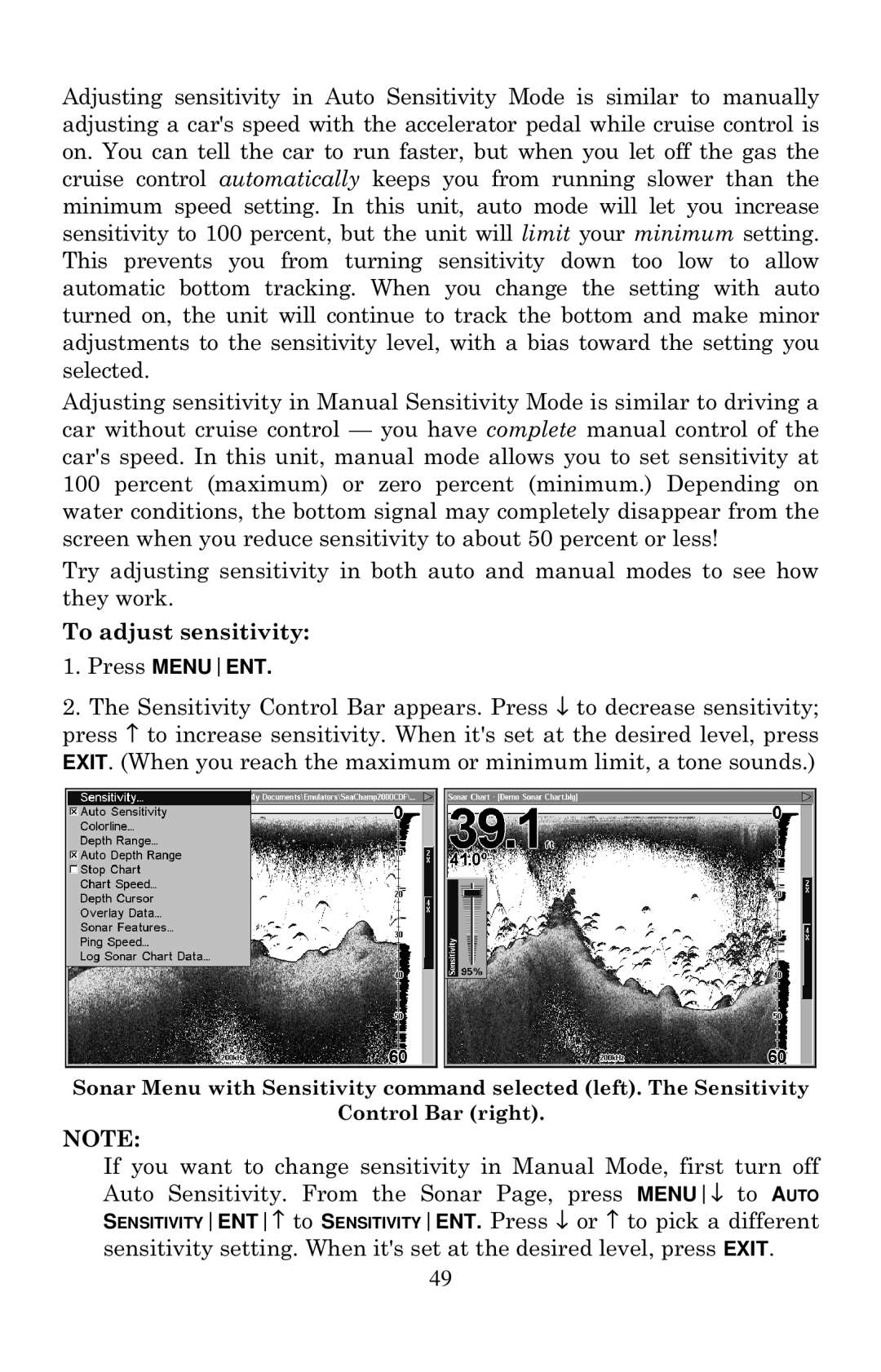 Eagle Electronics 2000 manual To adjust sensitivity 