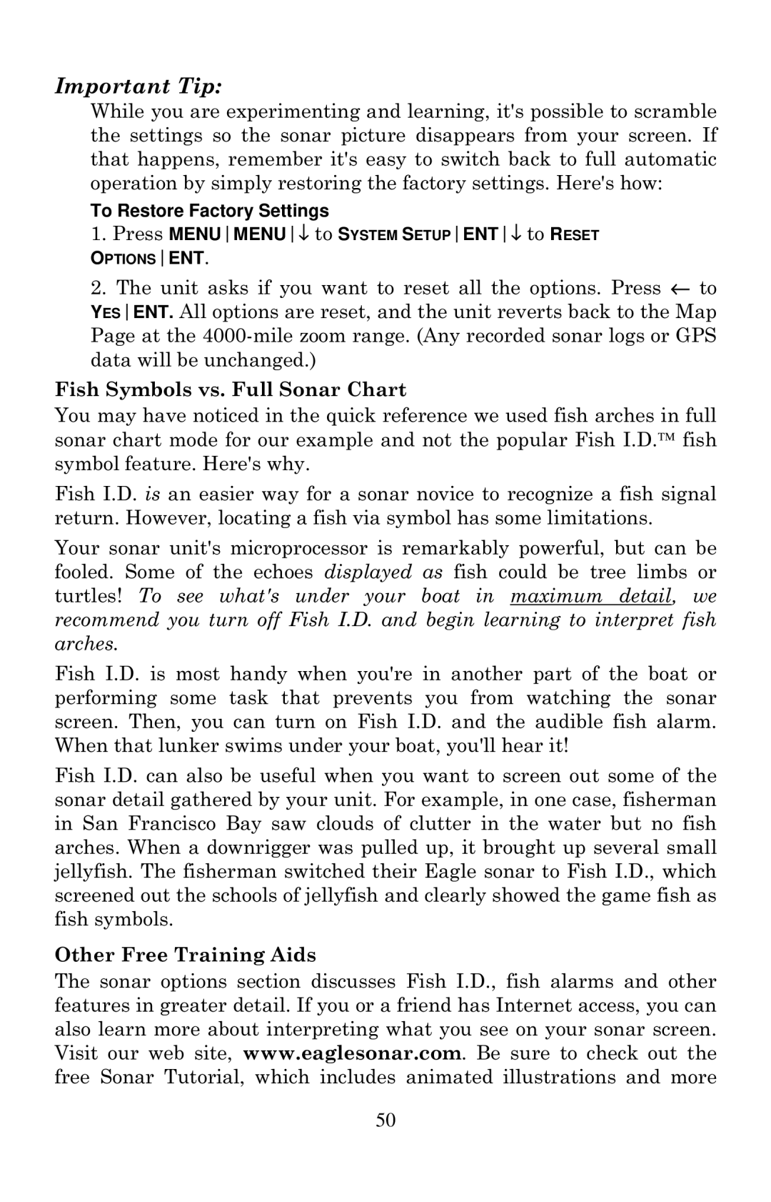 Eagle Electronics 2000 manual Fish Symbols vs. Full Sonar Chart, Other Free Training Aids 