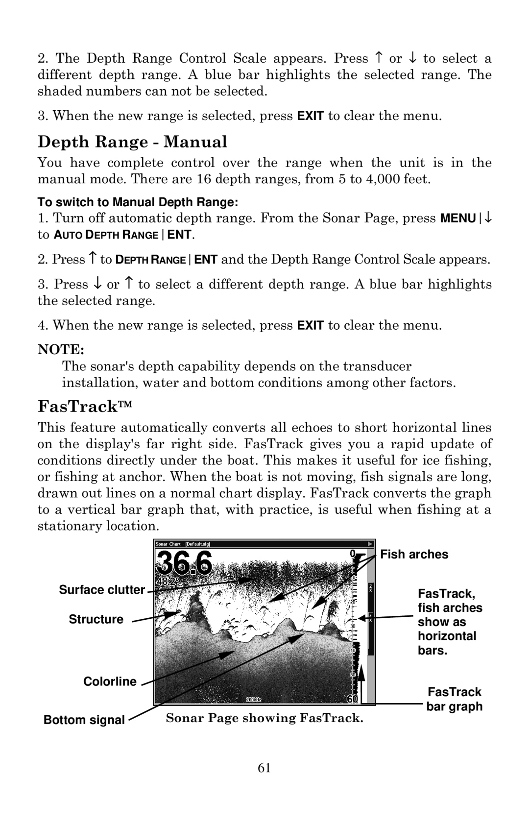 Eagle Electronics 2000 manual Depth Range Manual, FasTrack 