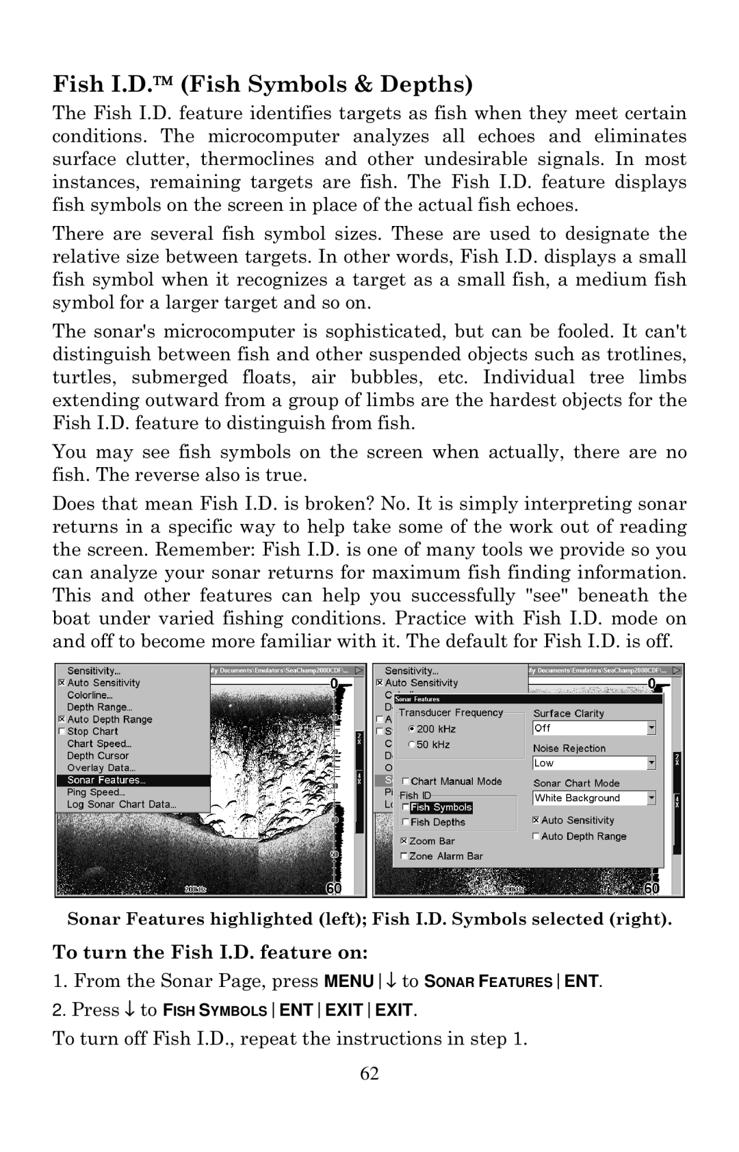 Eagle Electronics 2000 manual Fish I.D. Fish Symbols & Depths, To turn the Fish I.D. feature on 