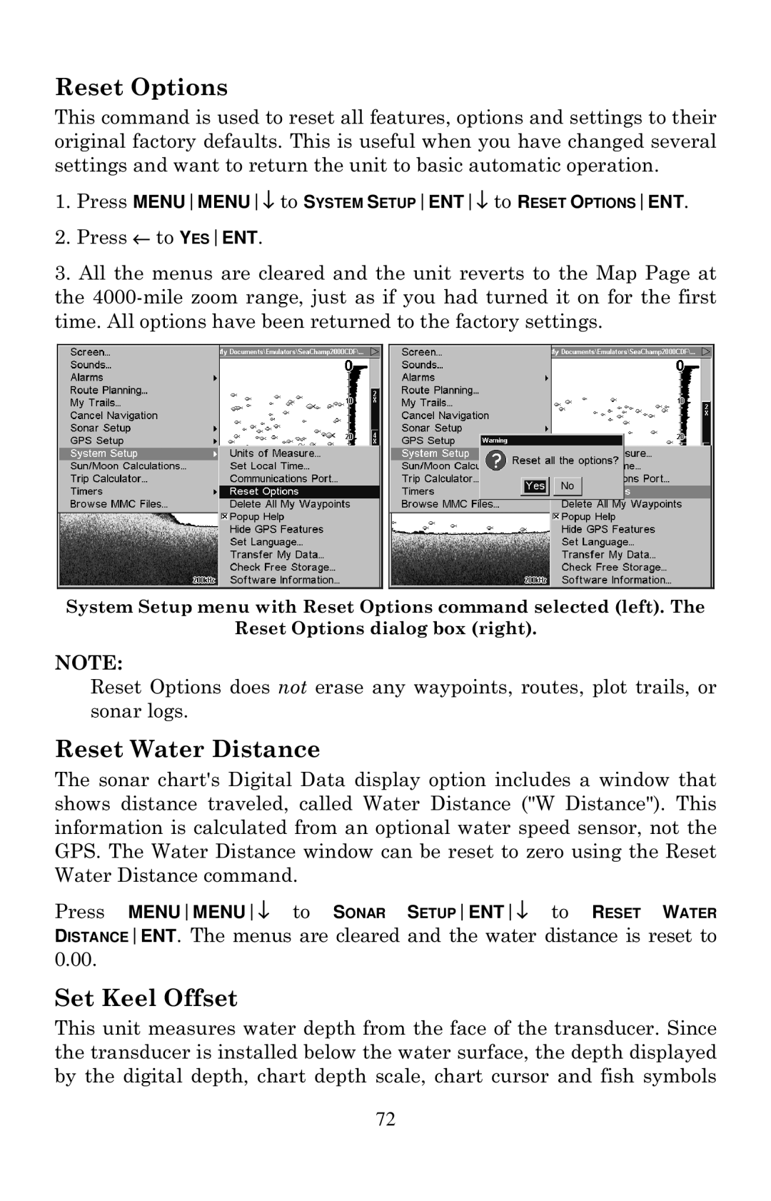 Eagle Electronics 2000 manual Reset Options, Reset Water Distance, Set Keel Offset 